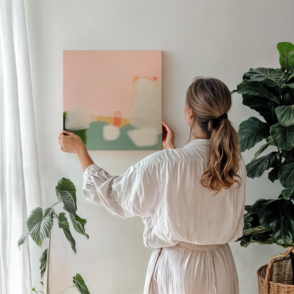 Large Canvas Wall Art Soft Abstract Painting in Blush Green and Ivory for Modern Minimalist Living Room Decor Muse Studio Art 363 Stretched Canvas Art Large abstract wall decor on stretched canvas, gallery-wrapped and ready to hang. Perfect for colorful wall art in living rooms, office spaces, and design projects. Giclée canvas print with bold brushwork and vibrant modern style for impactful home decor. Muse Studio Decor Art.