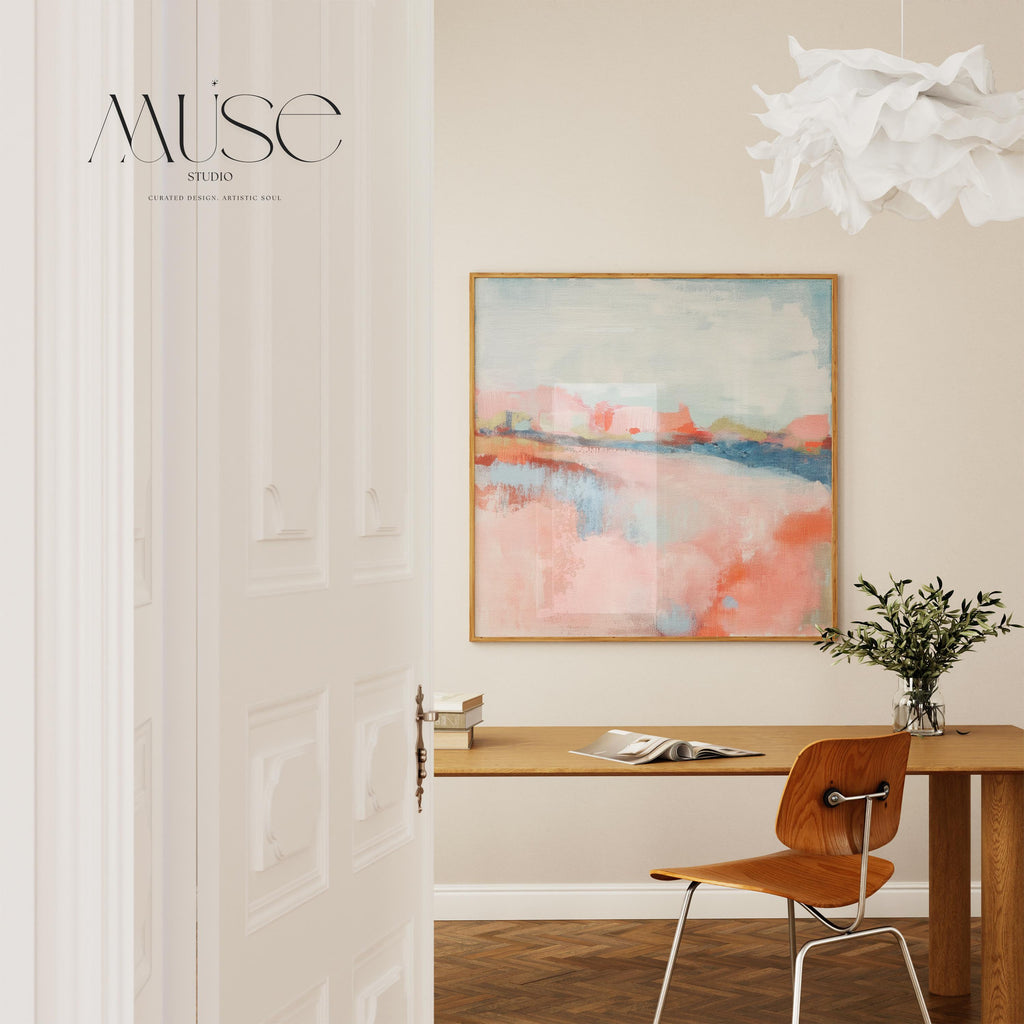 Large horizontal oversized abstract canvas wall art by Muse Studio featuring coral pink and sky blue tones with citrus accents, printed with museum-grade giclée inks on premium artist canvas and hand-stretched over solid wood bars for gallery-quality presentation in bright living room or office interiors.