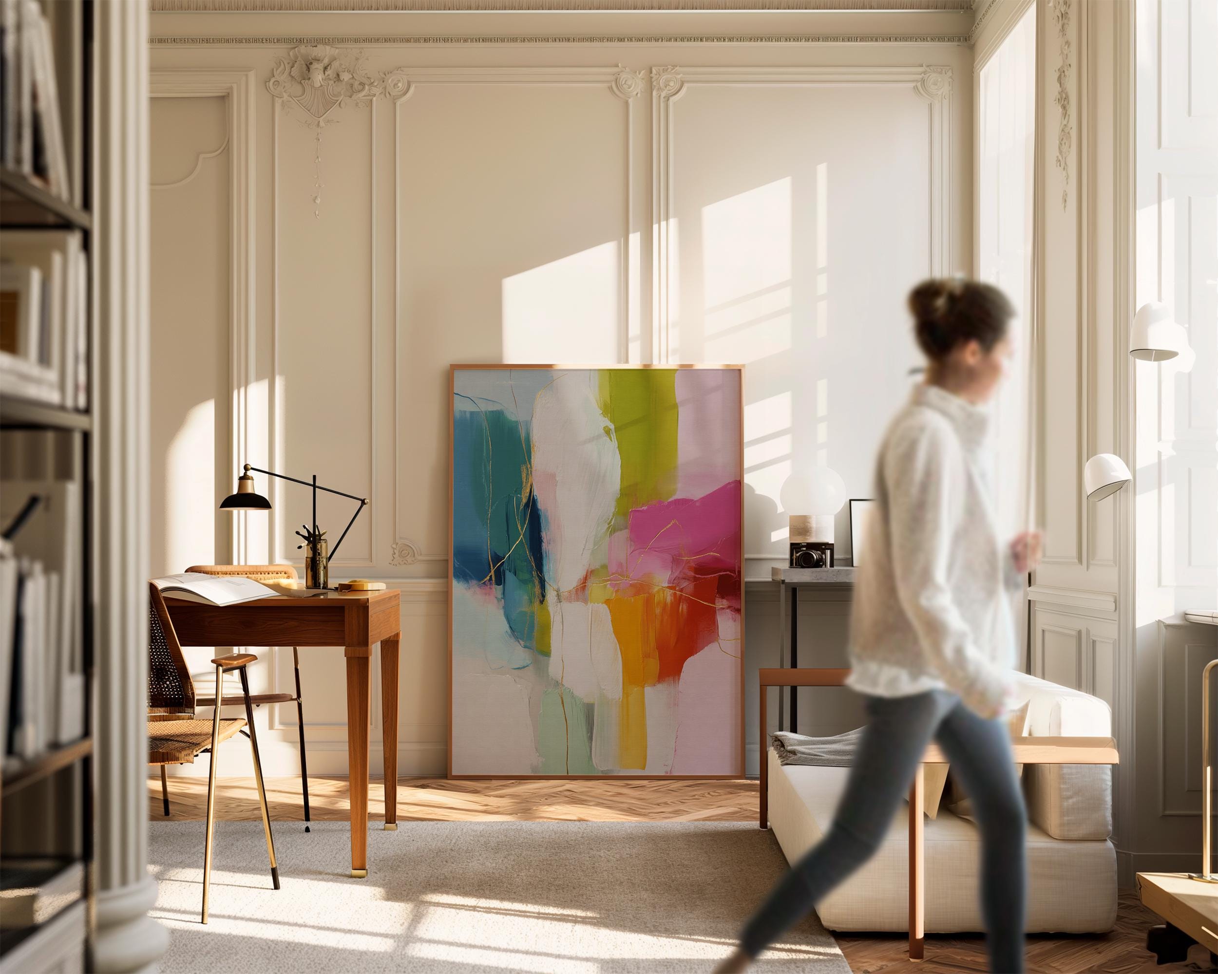 Color Pop Abstract Canvas in Lime Fuchsia Orange Modern Bold Wall Art Large Vertical Painting for Office Living Room Decor Muse Studio 118 Framed Canvas Art Colorful abstract wall art on framed canvas, perfect for bold decor art and modern wall decor. Large statement piece with expressive brushstrokes and rich textures. Ready-to-hang giclée canvas designed to energize living rooms, offices, bedrooms and curated interiors. Muse Studio Decor Art.