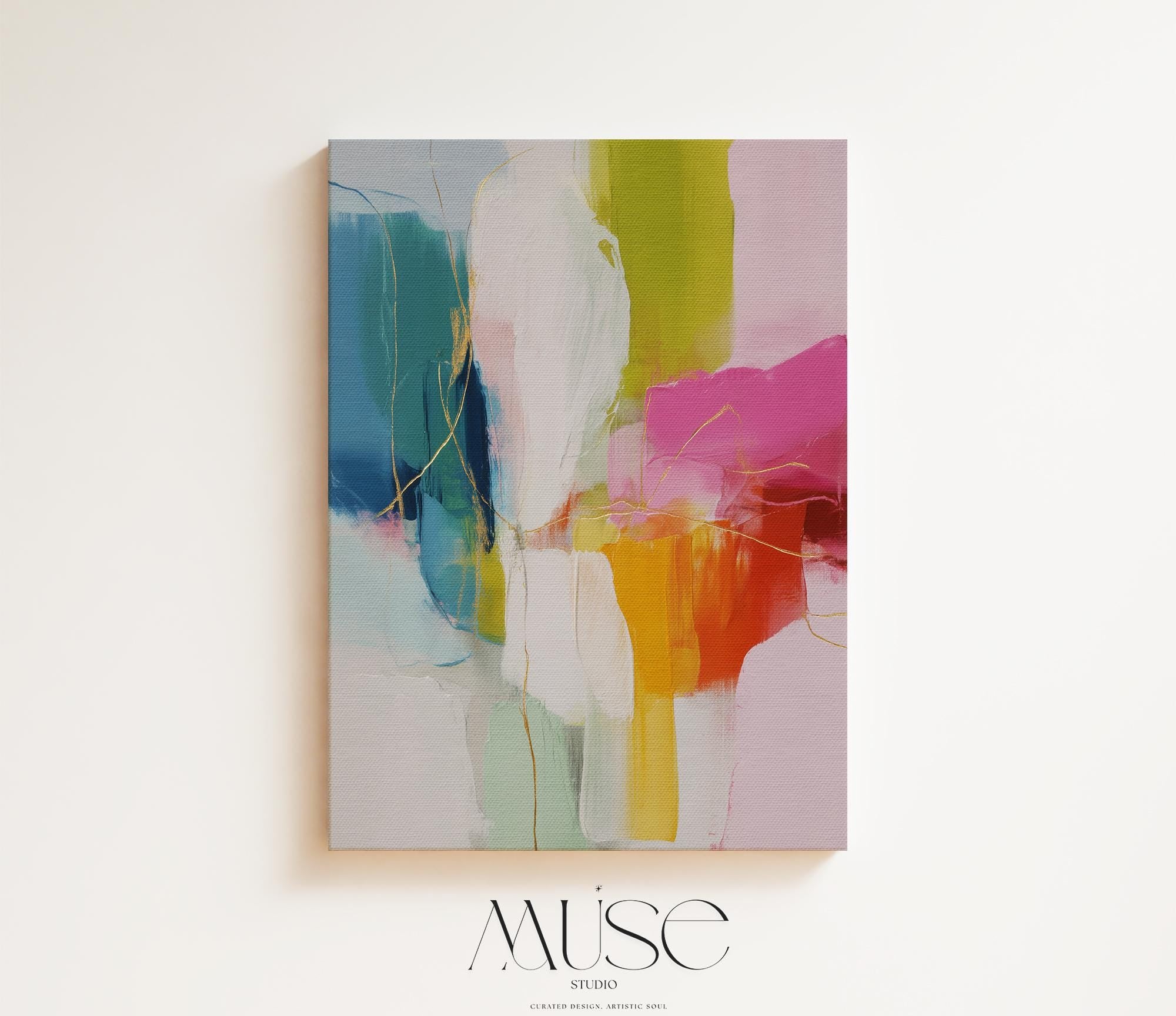 Large Abstract Wall Art in Fuchsia Lime Orange Vertical Canvas Bold Color Pop Painting for Office or Living Room Decor Muse Studio 462