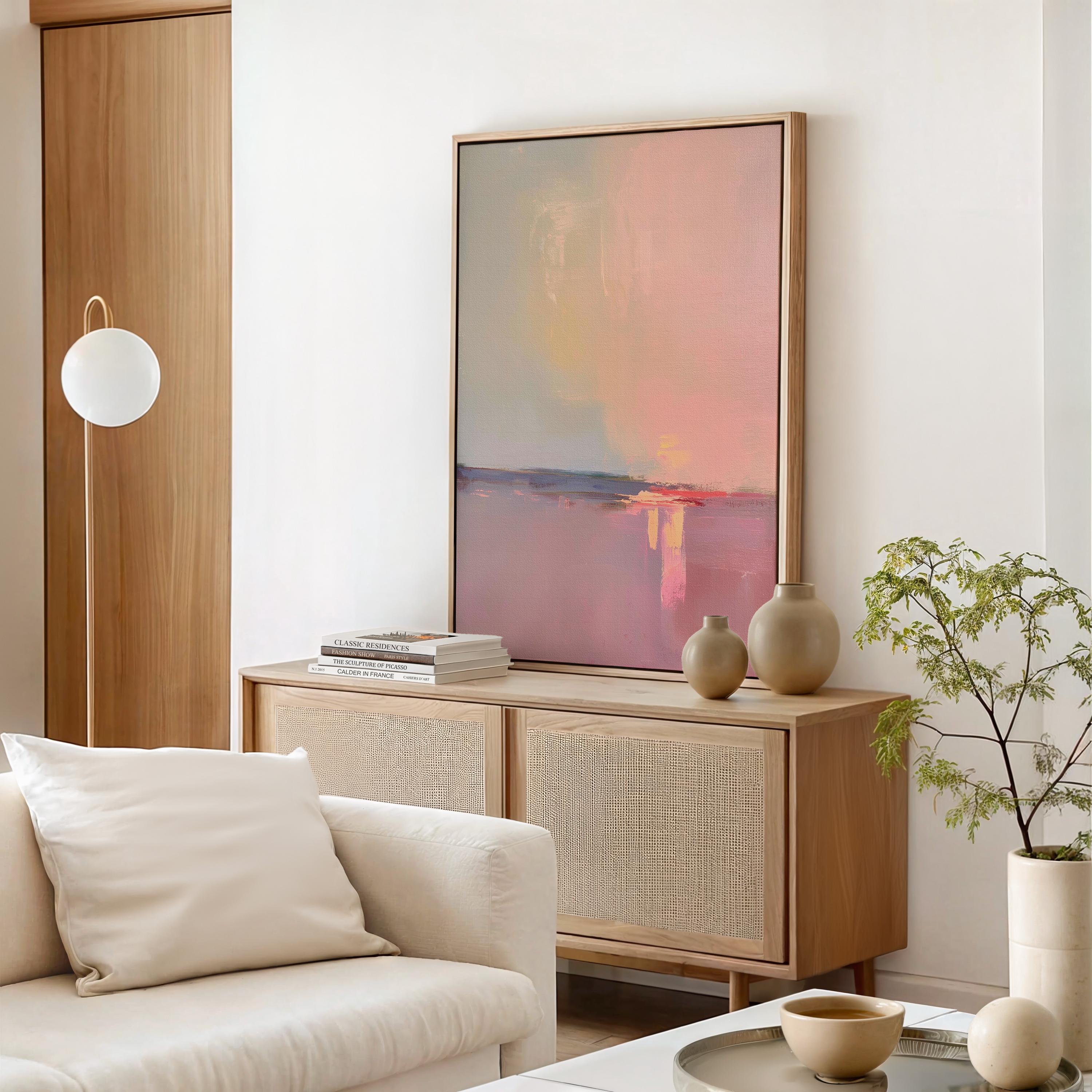 Framed Sunset Abstract Art in Pink Amber Plum Vertical Canvas Wall Art Modern Soft Minimalist Painting for Living Room or Entryway 460 Framed Canvas Art Colorful abstract wall art on framed canvas, perfect for bold decor art and modern wall decor. Large statement piece with expressive brushstrokes and rich textures. Ready-to-hang giclée canvas designed to energize living rooms, offices, bedrooms and curated interiors. Muse Studio Decor Art