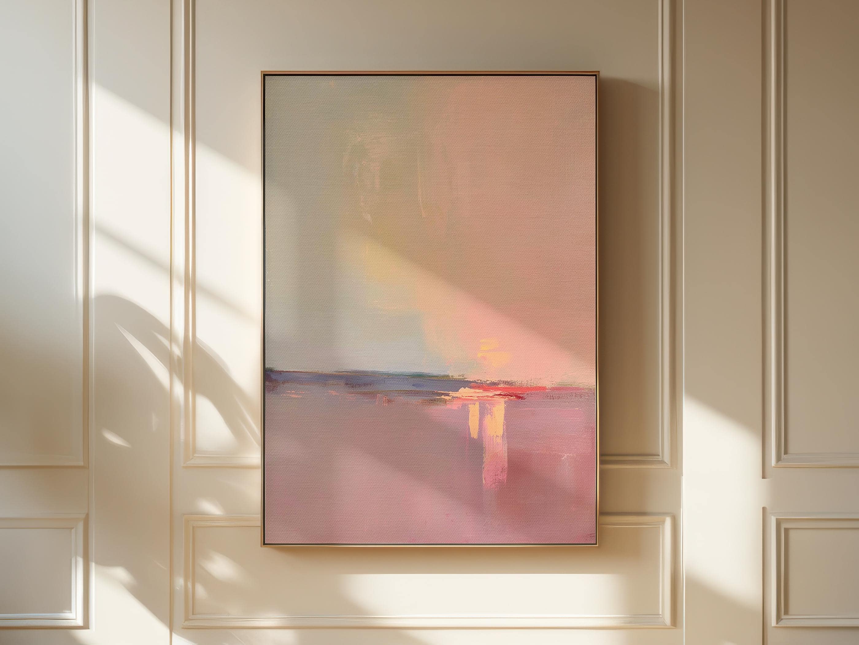 Framed Sunset Abstract Art in Pink Amber Plum Vertical Canvas Wall Art Modern Soft Minimalist Painting for Living Room or Entryway 460 Framed Canvas Art Colorful abstract wall art on framed canvas, perfect for bold decor art and modern wall decor. Large statement piece with expressive brushstrokes and rich textures. Ready-to-hang giclée canvas designed to energize living rooms, offices, bedrooms and curated interiors. Muse Studio Decor Art