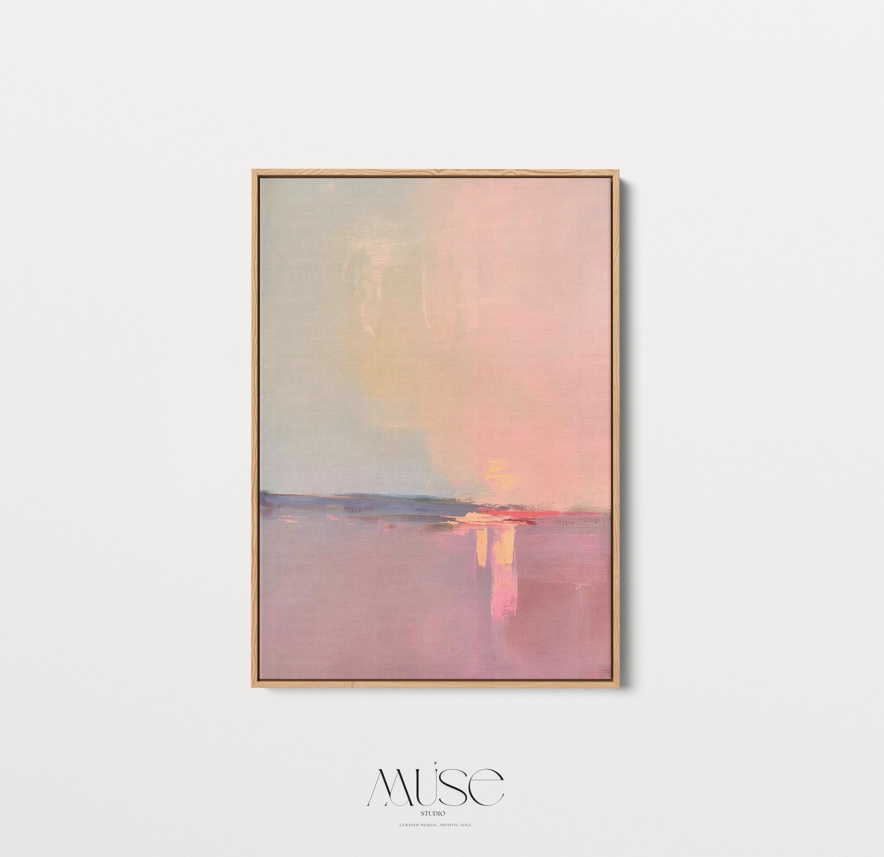Framed Sunset Abstract Art in Pink Amber Plum Vertical Canvas Wall Art Modern Soft Minimalist Painting for Living Room or Entryway 460