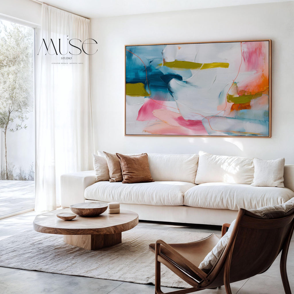 Framed Abstract Wall Art Pink Blue Mustard Canvas Painting for Living Room Warm Minimalist Modern Decor Horizontal Art Print 463