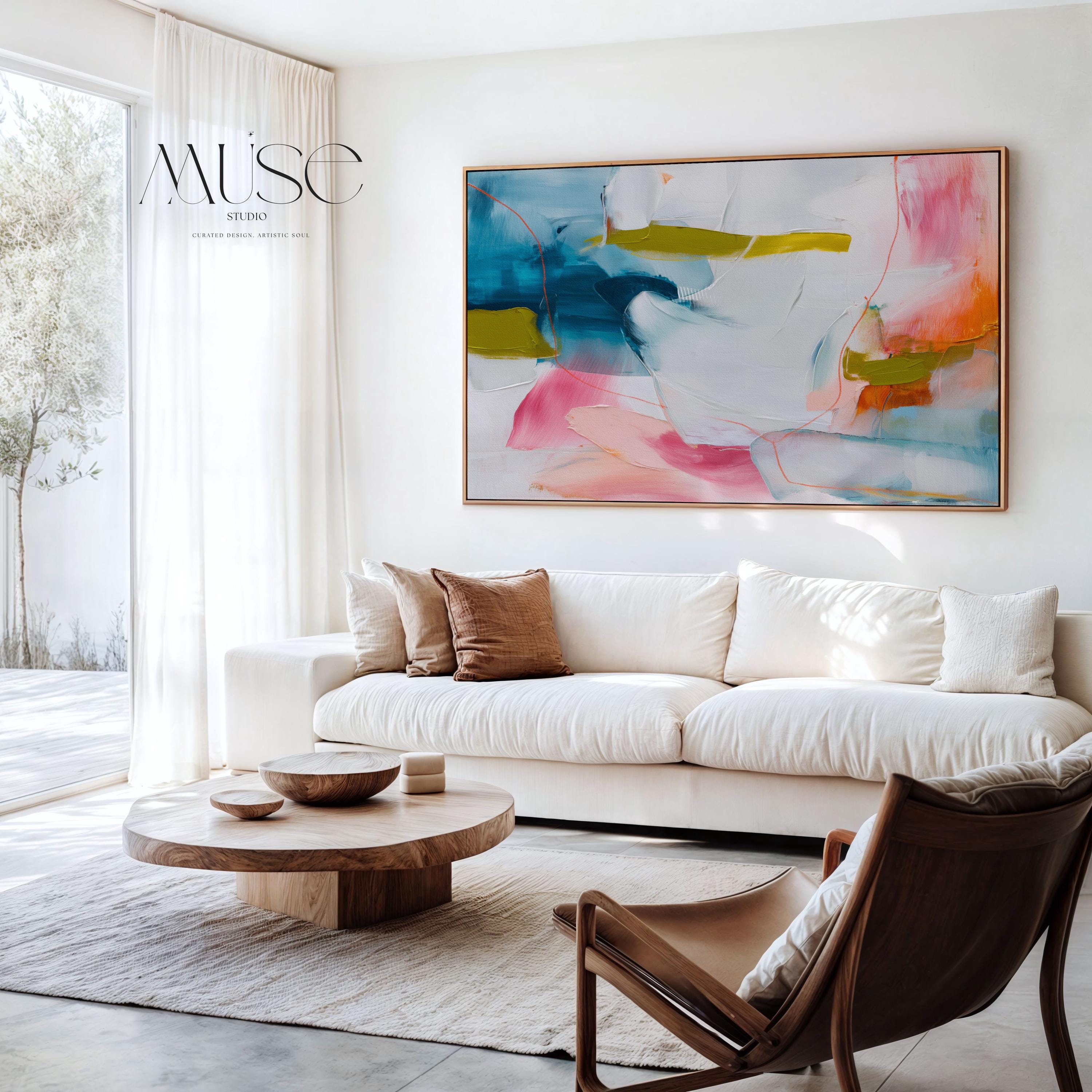 Framed Abstract Wall Art Pink Blue Mustard Canvas Painting for Living Room Warm Minimalist Modern Decor Horizontal Art Print 463