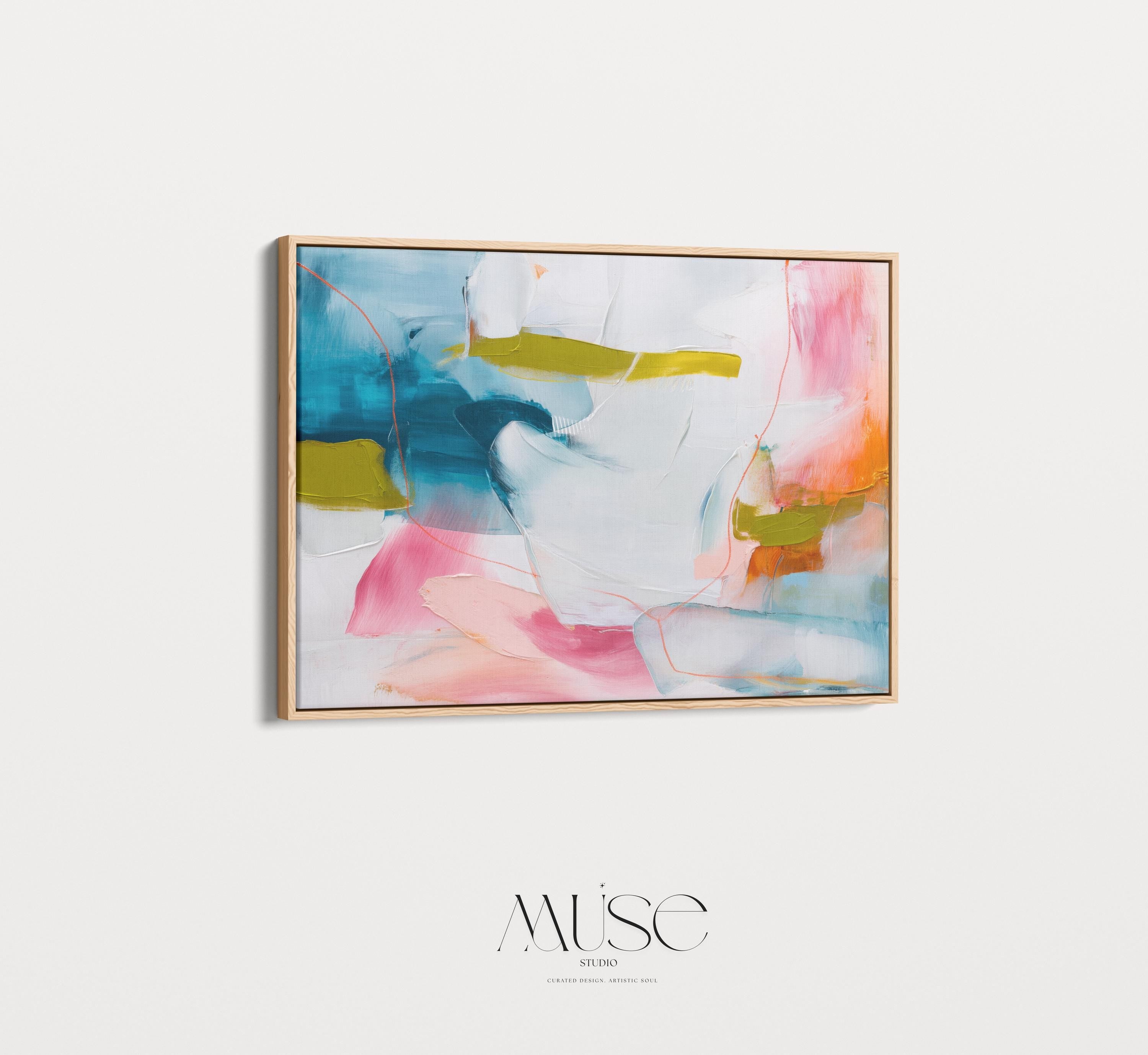 Framed Abstract Wall Art Pink Blue Mustard Canvas Painting for Living Room Warm Minimalist Modern Decor Horizontal Art Print 463