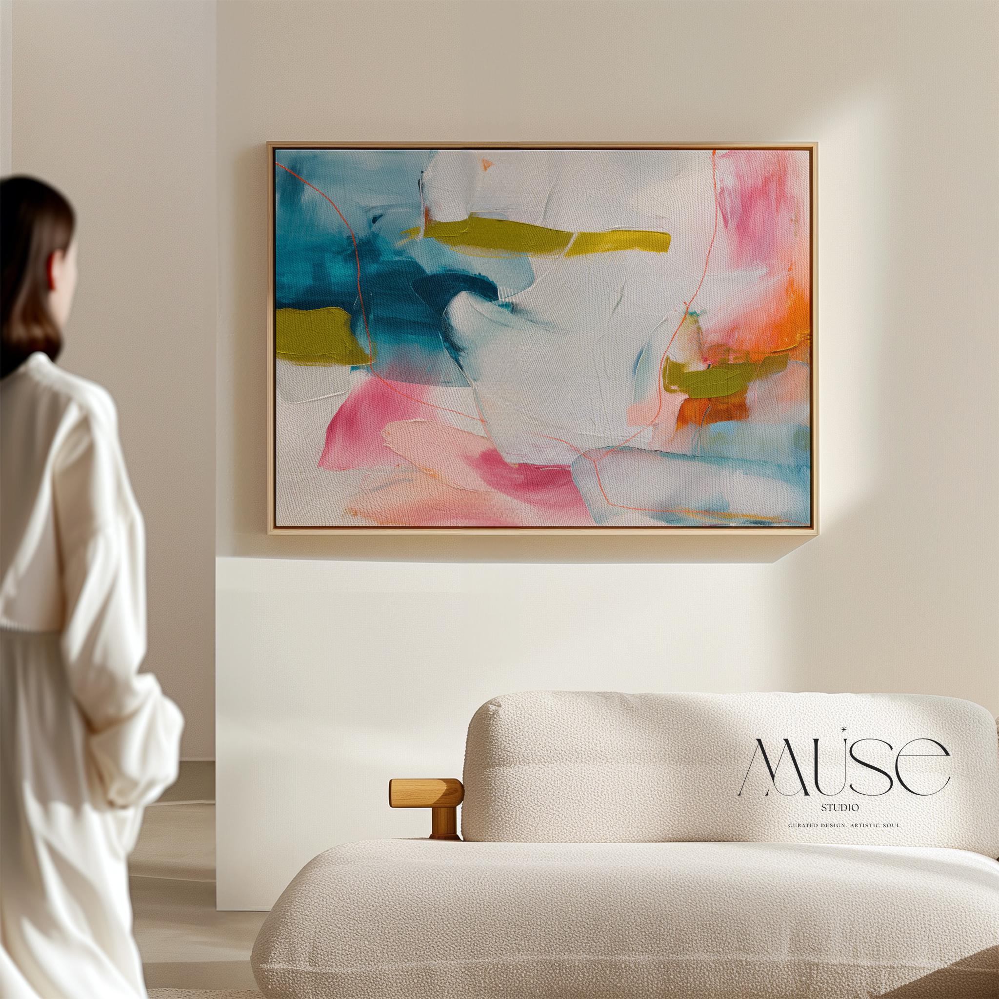 Framed Abstract Wall Art Pink Blue Mustard Canvas Painting for Living Room Warm Minimalist Modern Decor Horizontal Art Print 463