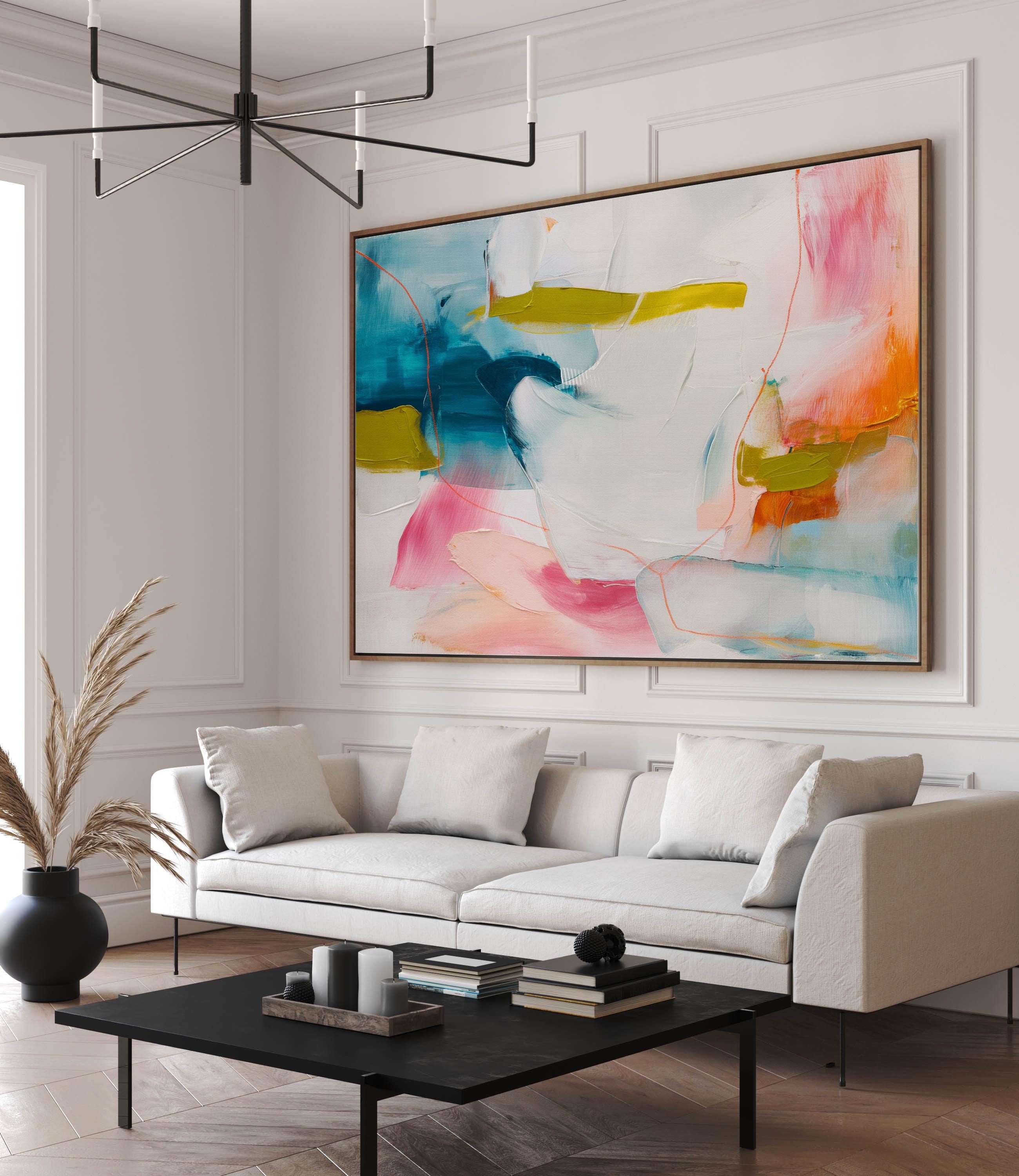 Framed Abstract Wall Art Pink Blue Mustard Canvas Painting for Living Room Warm Minimalist Modern Decor Horizontal Art Print 463