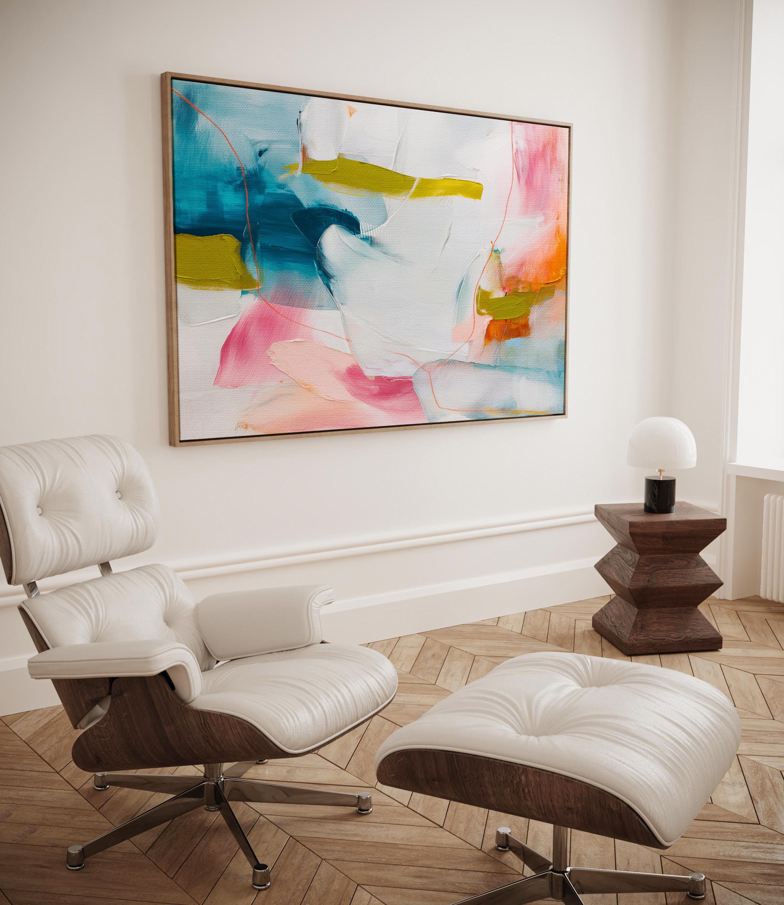 Framed Abstract Wall Art Pink Blue Mustard Canvas Painting for Living Room Warm Minimalist Modern Decor Horizontal Art Print 463