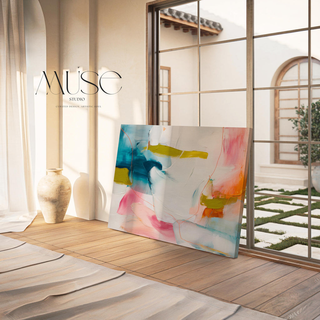 Abstract Canvas Wall Art Pink Blue Mustard Painting Modern Horizontal Decor Warm Minimalist Art for Home Bold Eclectic Modern Decor Art 463
