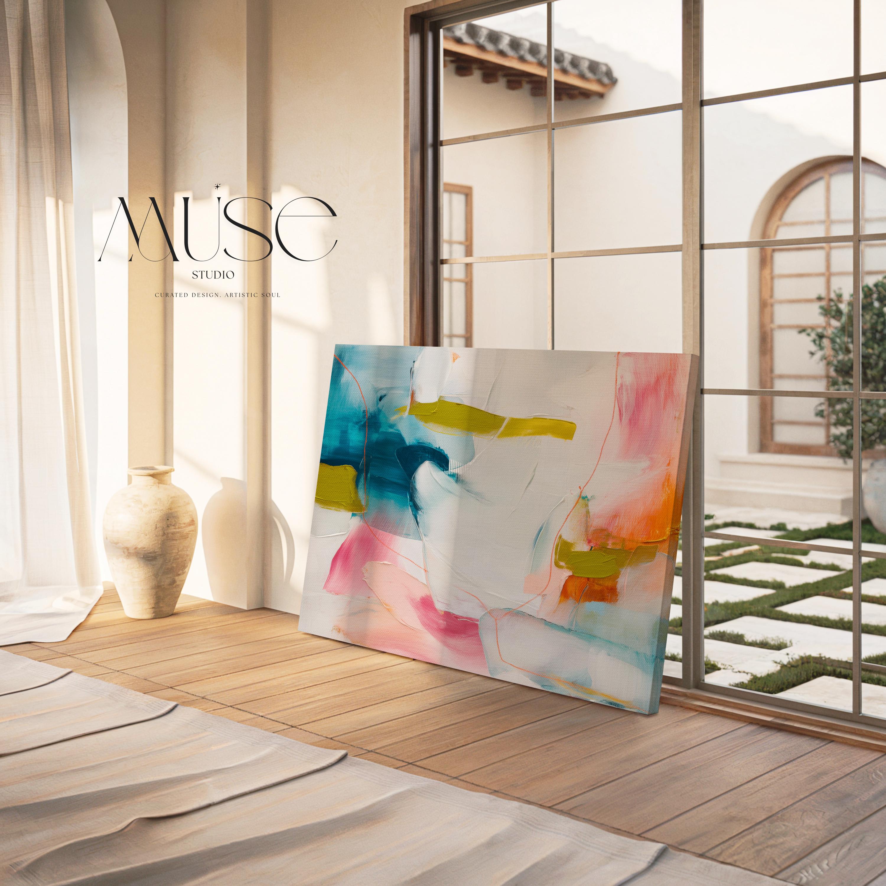 Abstract Canvas Wall Art Pink Blue Mustard Painting Modern Horizontal Decor Warm Minimalist Art for Home Bold Eclectic Modern Decor Art 463