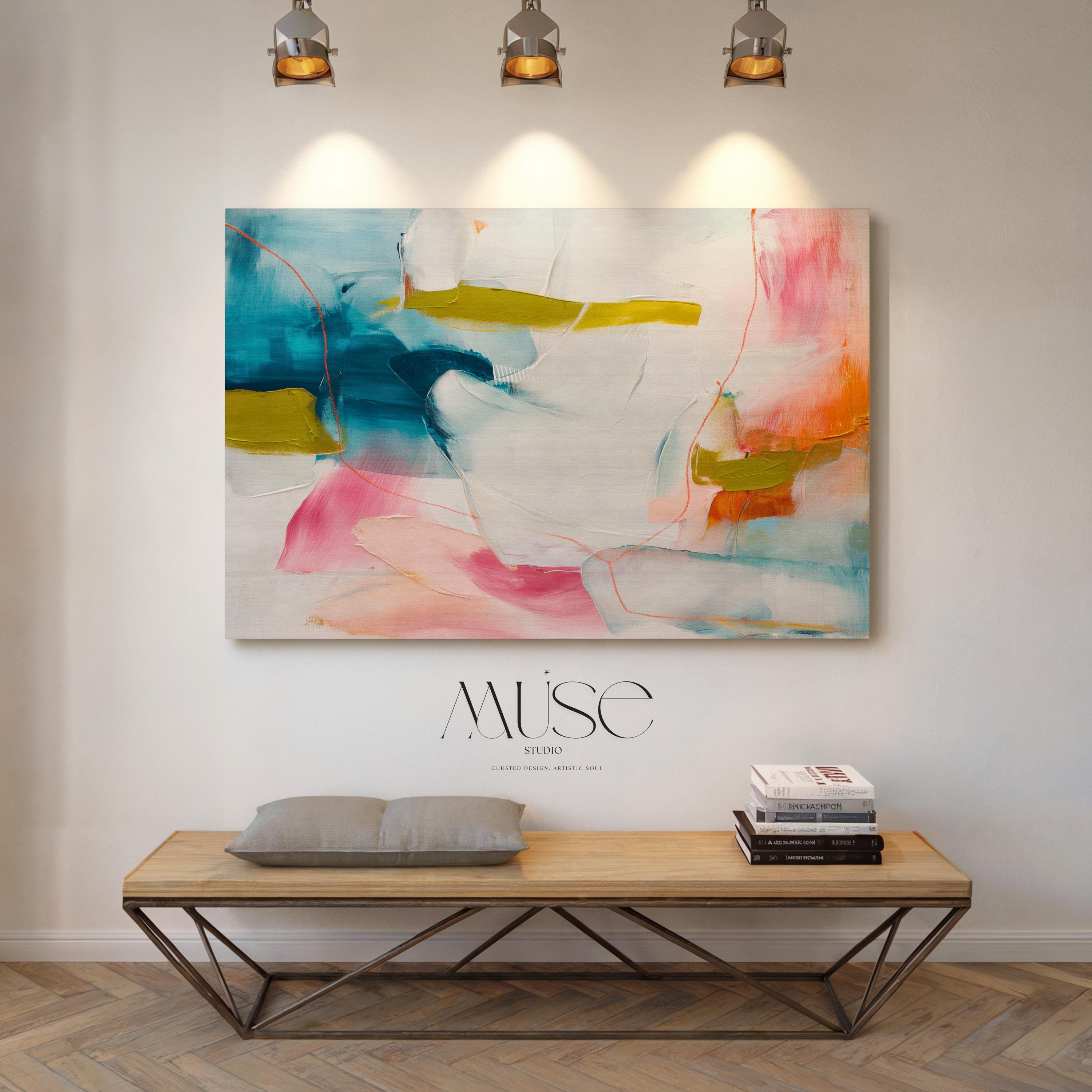Abstract Canvas Wall Art Pink Blue Mustard Painting Modern Horizontal Decor Warm Minimalist Art for Home Bold Eclectic Modern Decor Art 463