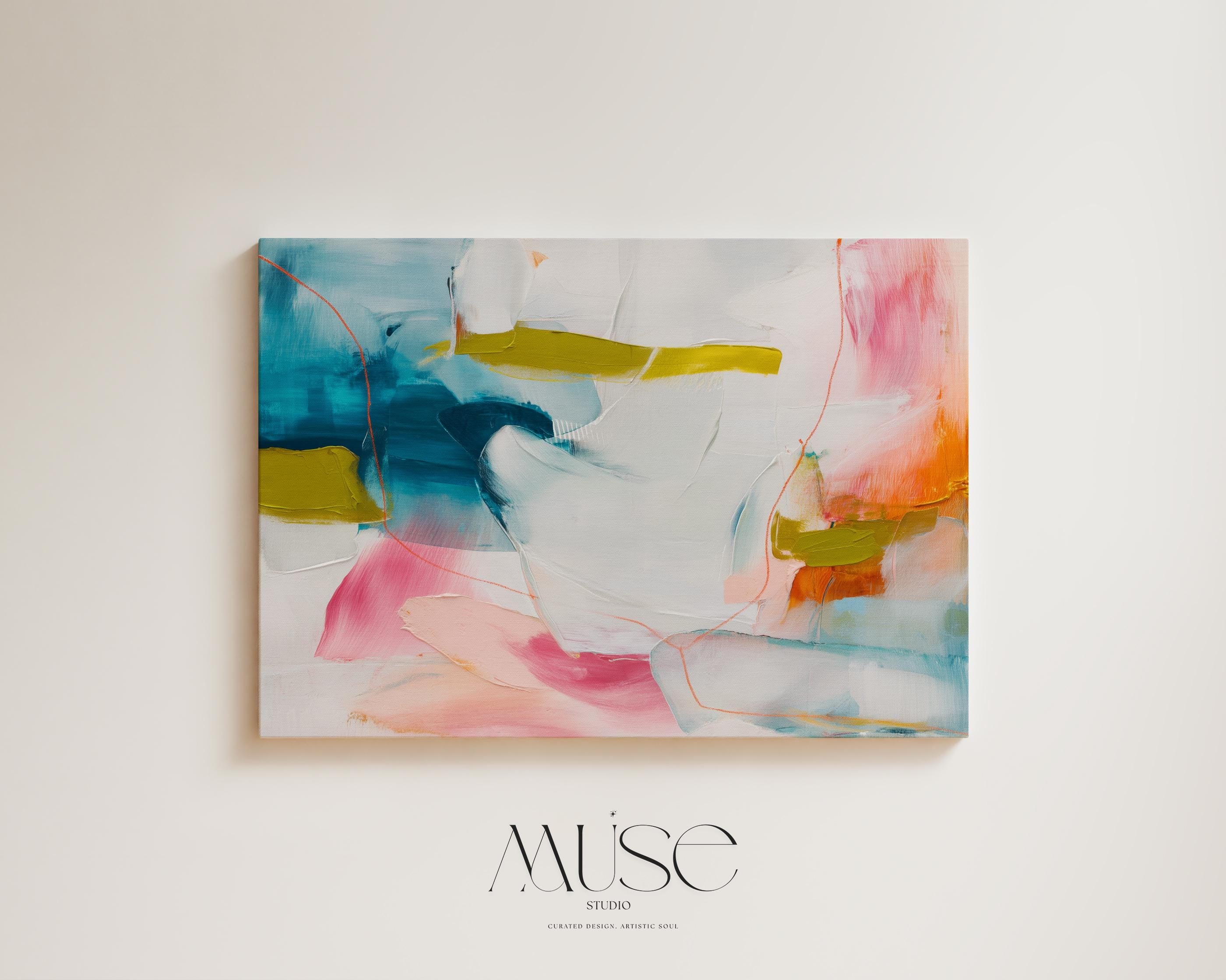 Abstract Canvas Wall Art Pink Blue Mustard Painting Modern Horizontal Decor Warm Minimalist Art for Home Bold Eclectic Modern Decor Art 463
