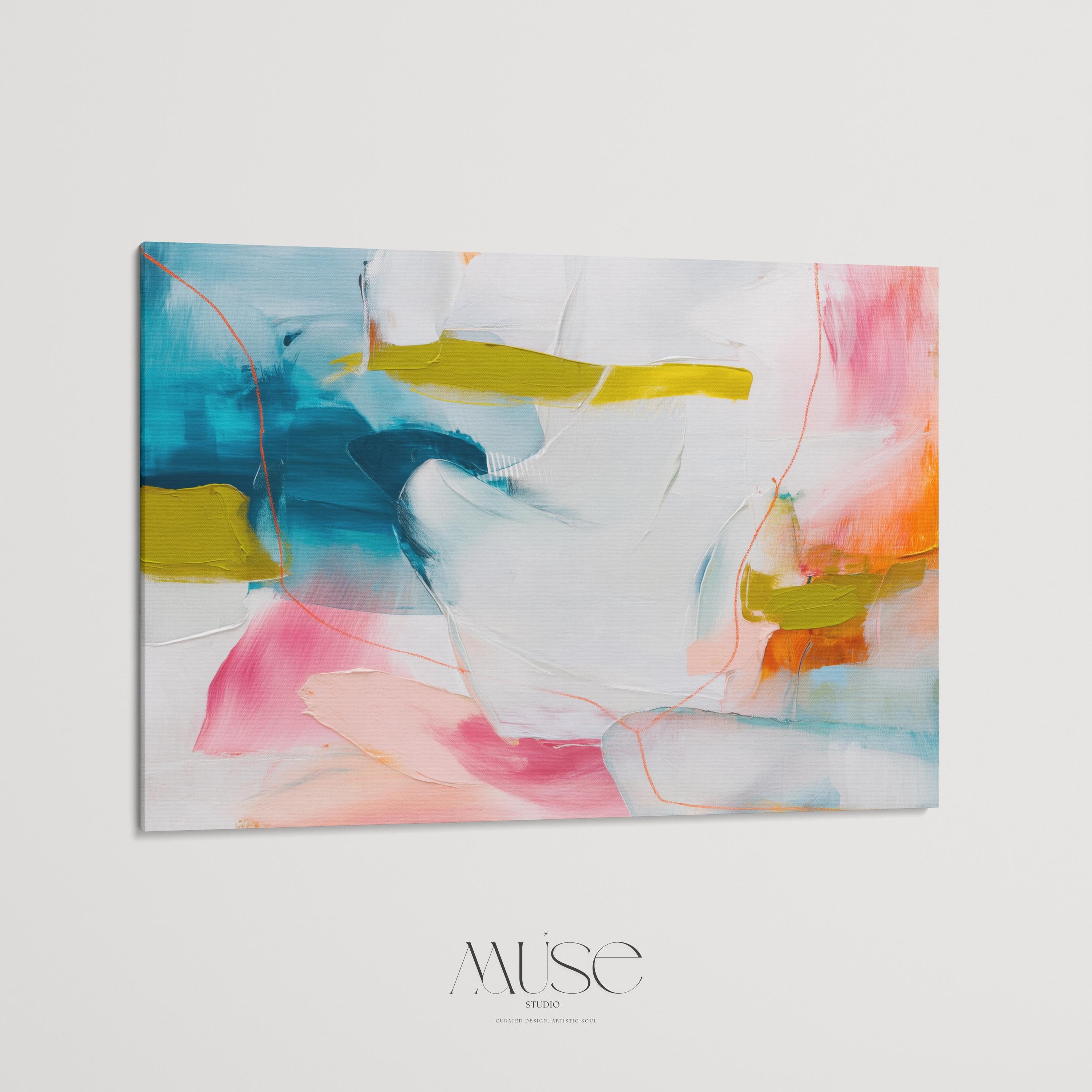 Abstract Canvas Wall Art Pink Blue Mustard Painting Modern Horizontal Decor Warm Minimalist Art for Home Bold Eclectic Modern Decor Art 463