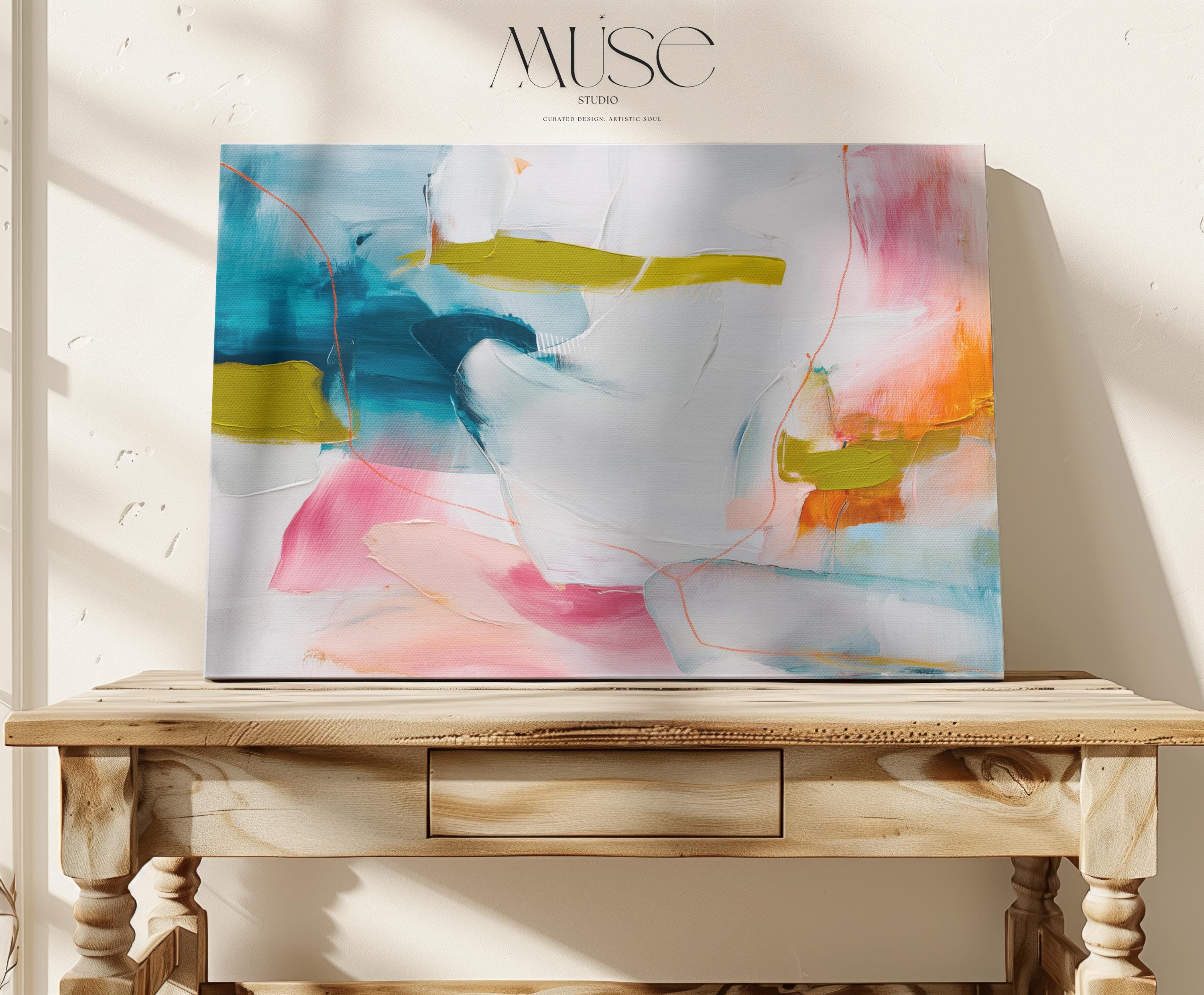 Abstract Canvas Wall Art Pink Blue Mustard Painting Modern Horizontal Decor Warm Minimalist Art for Home Bold Eclectic Modern Decor Art 463