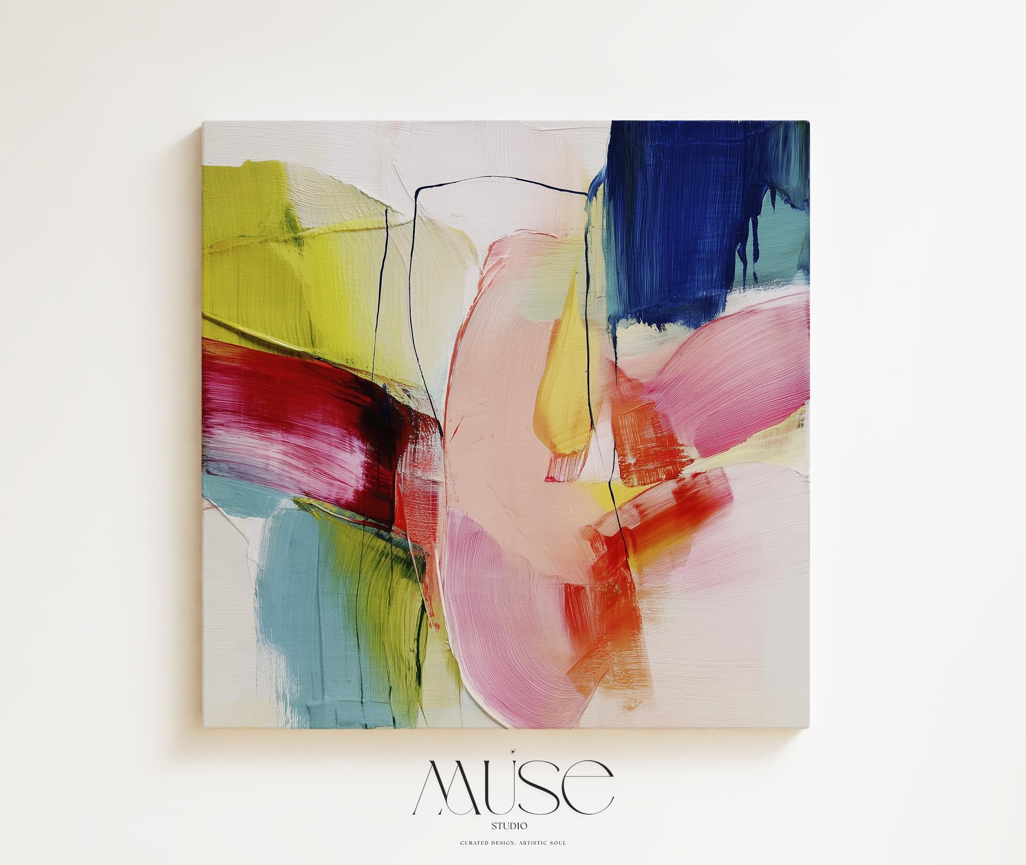 Oversized Canvas Wall Art Color Pop Abstract Painting Pink Blue Lime Modern Decor Art for Living Room Eclectic Dopamine Style 464 Stretched Canvas Art Large abstract wall decor on stretched canvas, gallery-wrapped and ready to hang. Perfect for colorful wall art in living rooms, office spaces, and design projects. Giclée canvas print with bold brushwork and vibrant modern style for impactful home decor. Muse Studio Decor Art.