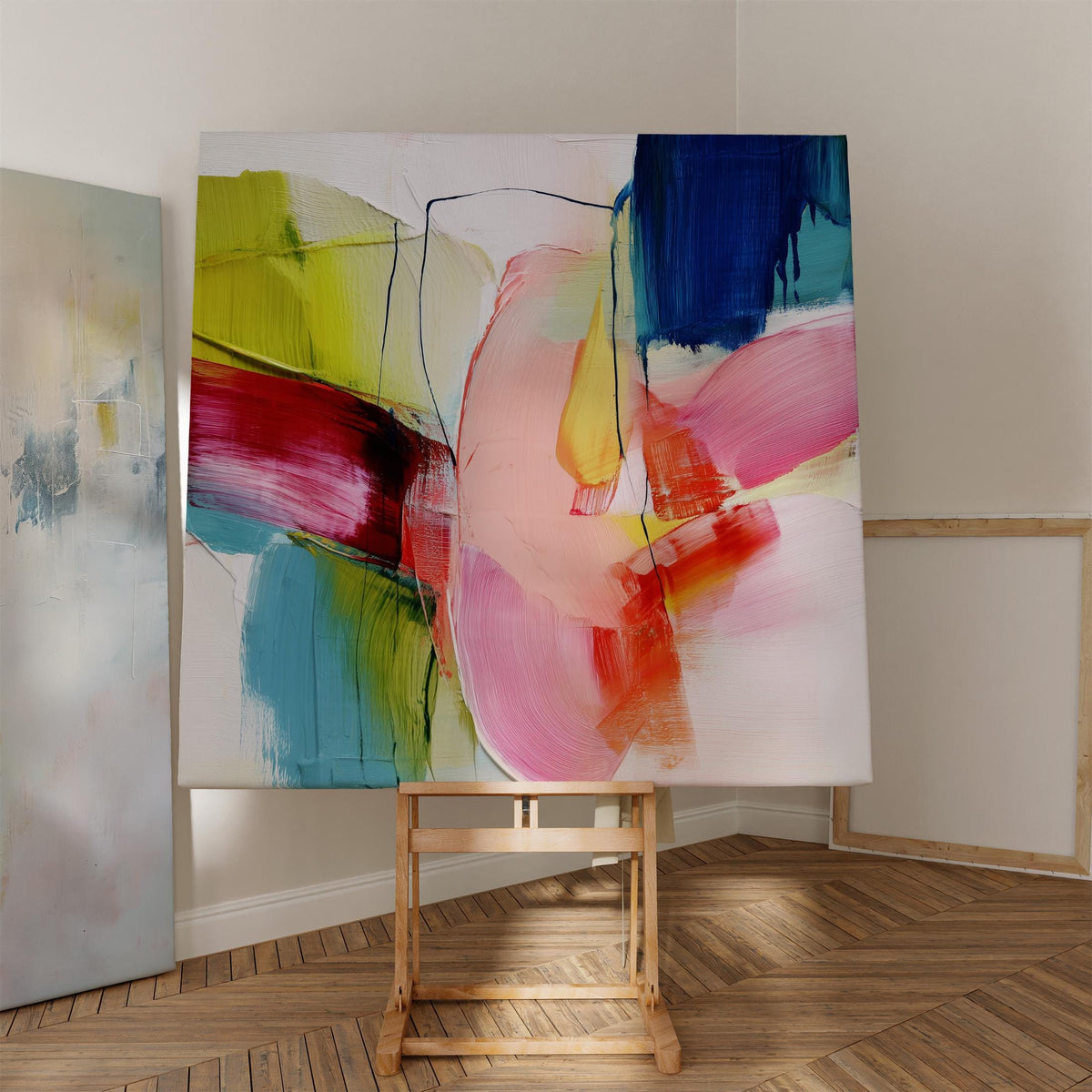 Oversized Canvas Wall Art Color Pop Abstract Painting Pink Blue Lime Modern Decor Art for Living Room Eclectic Dopamine Style 464 Stretched Canvas Art Large abstract wall decor on stretched canvas, gallery-wrapped and ready to hang. Perfect for colorful wall art in living rooms, office spaces, and design projects. Giclée canvas print with bold brushwork and vibrant modern style for impactful home decor. Muse Studio Decor Art.