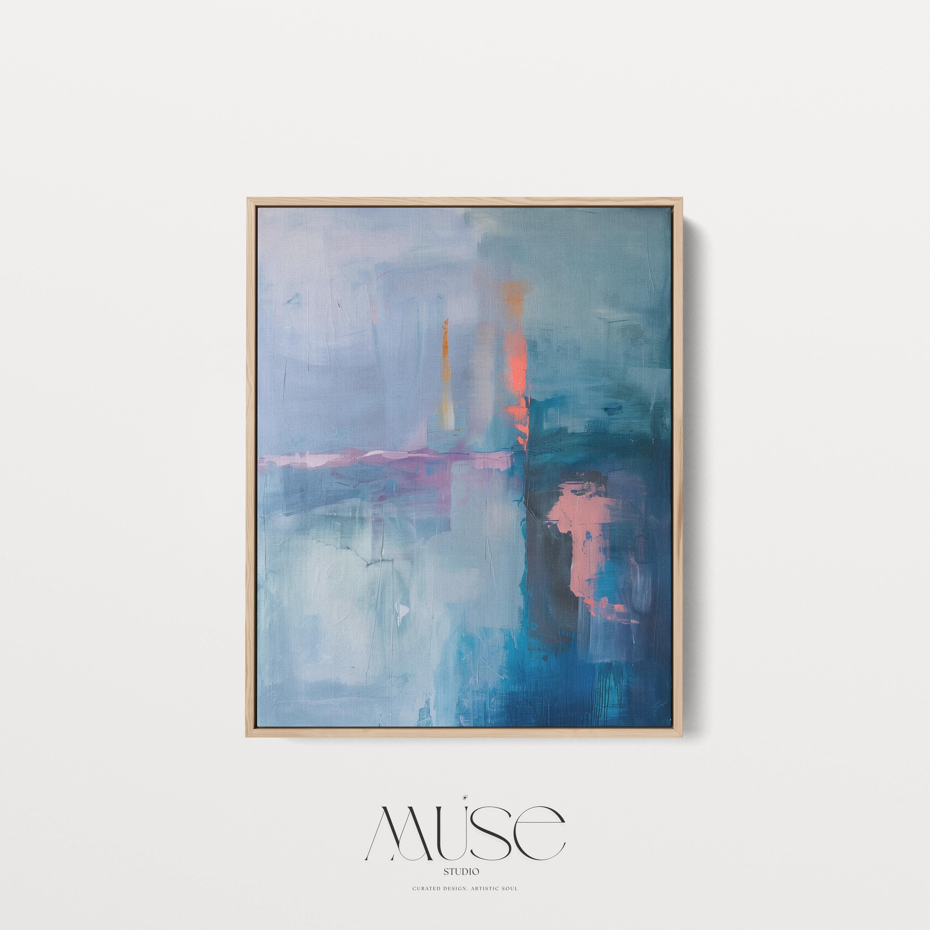 Blue Teal Pink Abstract Canvas Wall Art, Floating Framed Art, Giclée Print, Large Vertical Bedroom Decor, Soft Contemporary • 264
