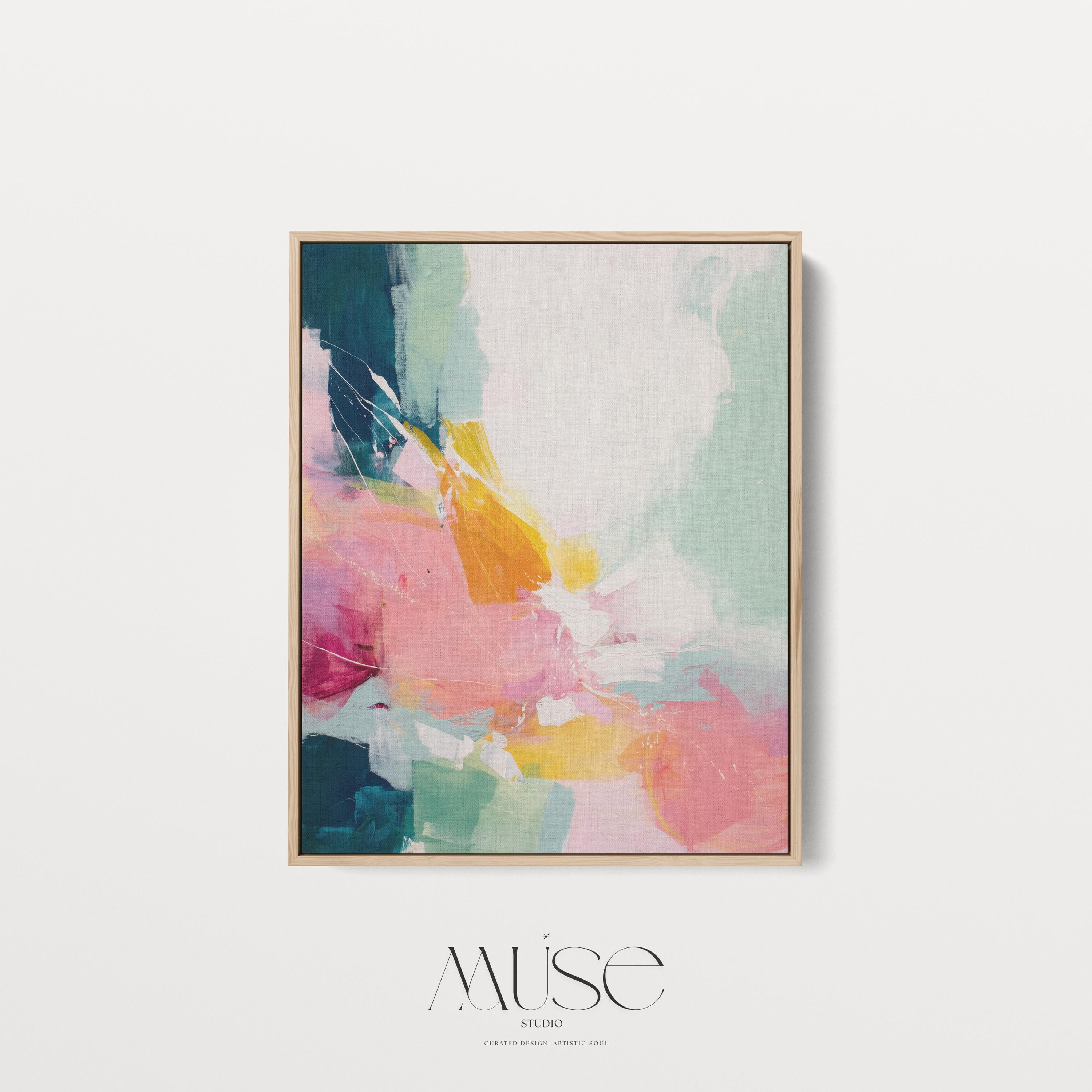 Framed abstract wall art pink teal and yellow painting soft contemporary color pop vertical canvas for bedroom or entryway decor 495