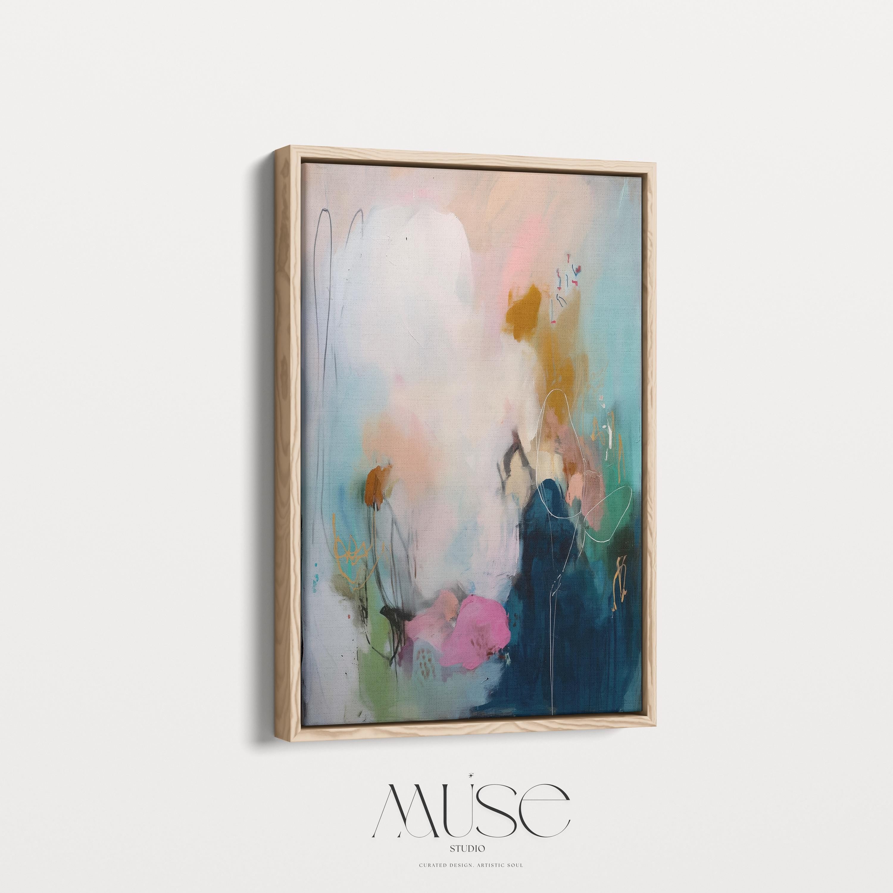 Teal pink navy abstract canvas wall art large framed art giclée print soft contemporary transitional wall decor for living room MUSE 427