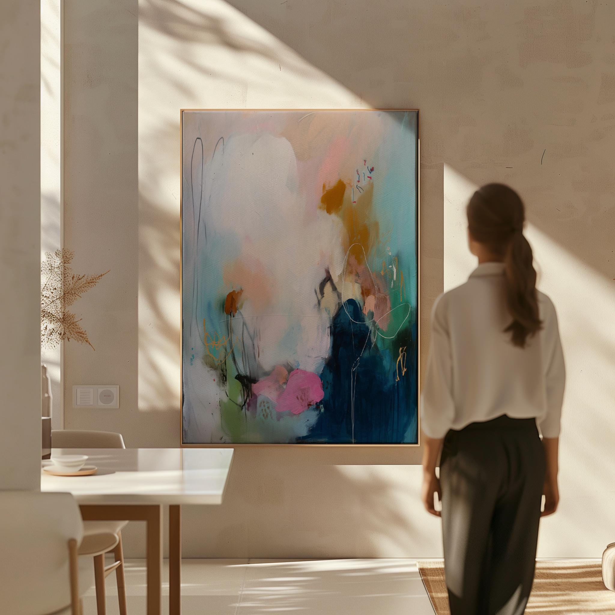 Teal pink navy abstract canvas wall art large framed art giclée print soft contemporary transitional wall decor for living room MUSE 427 Framed Canvas Art Colorful abstract wall art on framed canvas, perfect for bold decor art and modern wall decor. Large statement piece with expressive brushstrokes and rich textures. Ready-to-hang giclée canvas designed to energize living rooms, offices, bedrooms and curated interiors. Muse Studio Decor Art.