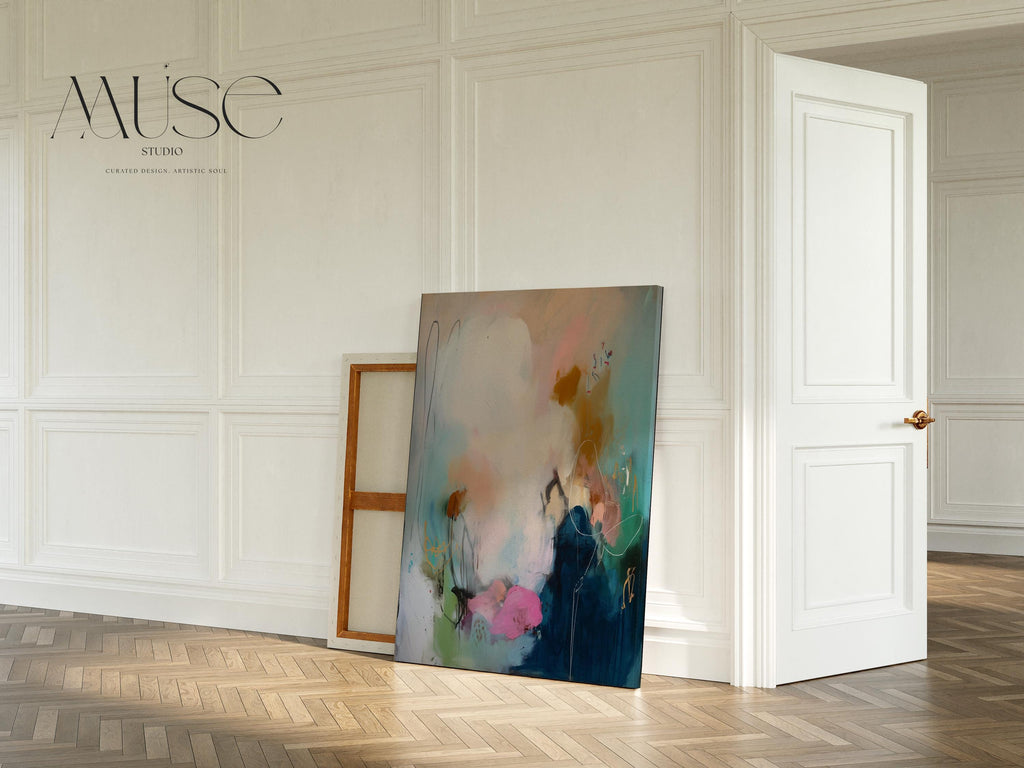 Teal pink navy abstract canvas wall art vertical oversized painting soft contemporary transitional decor for entryway dining room MUSE 427