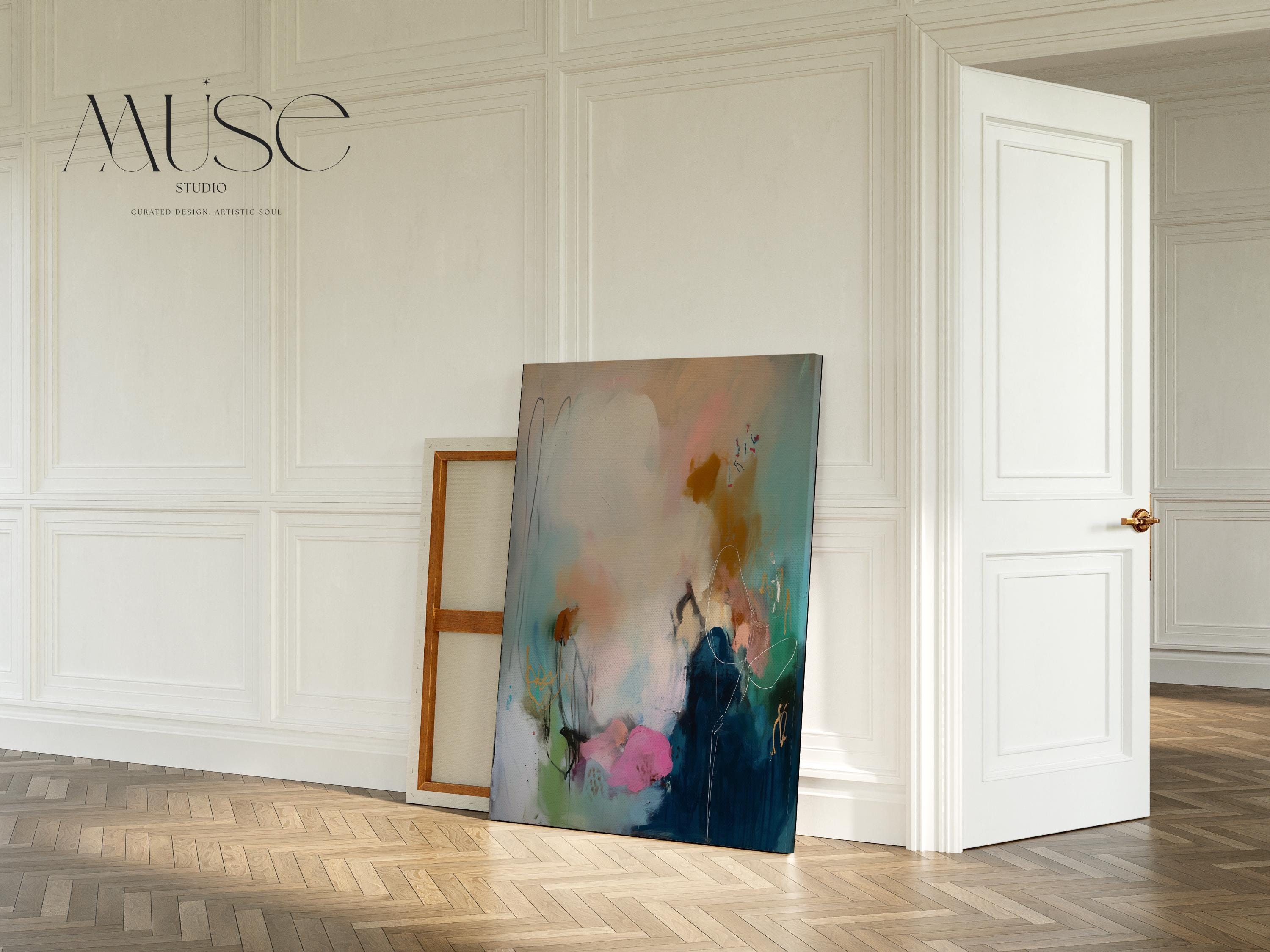 Teal pink navy abstract canvas wall art vertical oversized painting soft contemporary transitional decor for entryway or dining room MUSE 427 Stretched Canvas Art Large abstract wall decor on stretched canvas, gallery-wrapped and ready to hang. Perfect for colorful wall art in living rooms, office spaces, and design projects. Giclée canvas print with bold brushwork and vibrant modern style for impactful home decor. Muse Studio Decor Art.