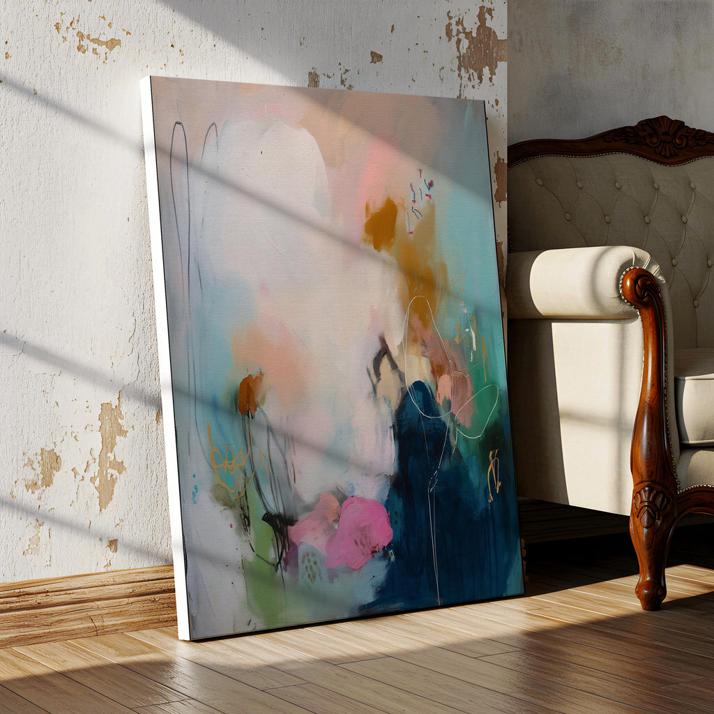 Teal pink navy abstract canvas wall art vertical oversized painting soft contemporary transitional decor for entryway or dining room MUSE 427 Stretched Canvas Art Large abstract wall decor on stretched canvas, gallery-wrapped and ready to hang. Perfect for colorful wall art in living rooms, office spaces, and design projects. Giclée canvas print with bold brushwork and vibrant modern style for impactful home decor. Muse Studio Decor Art.
