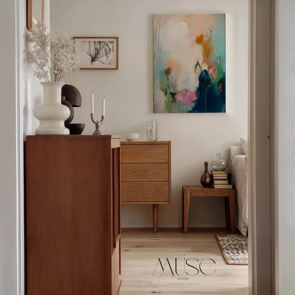Teal pink navy abstract canvas wall art vertical oversized painting soft contemporary transitional decor for entryway dining room MUSE 427