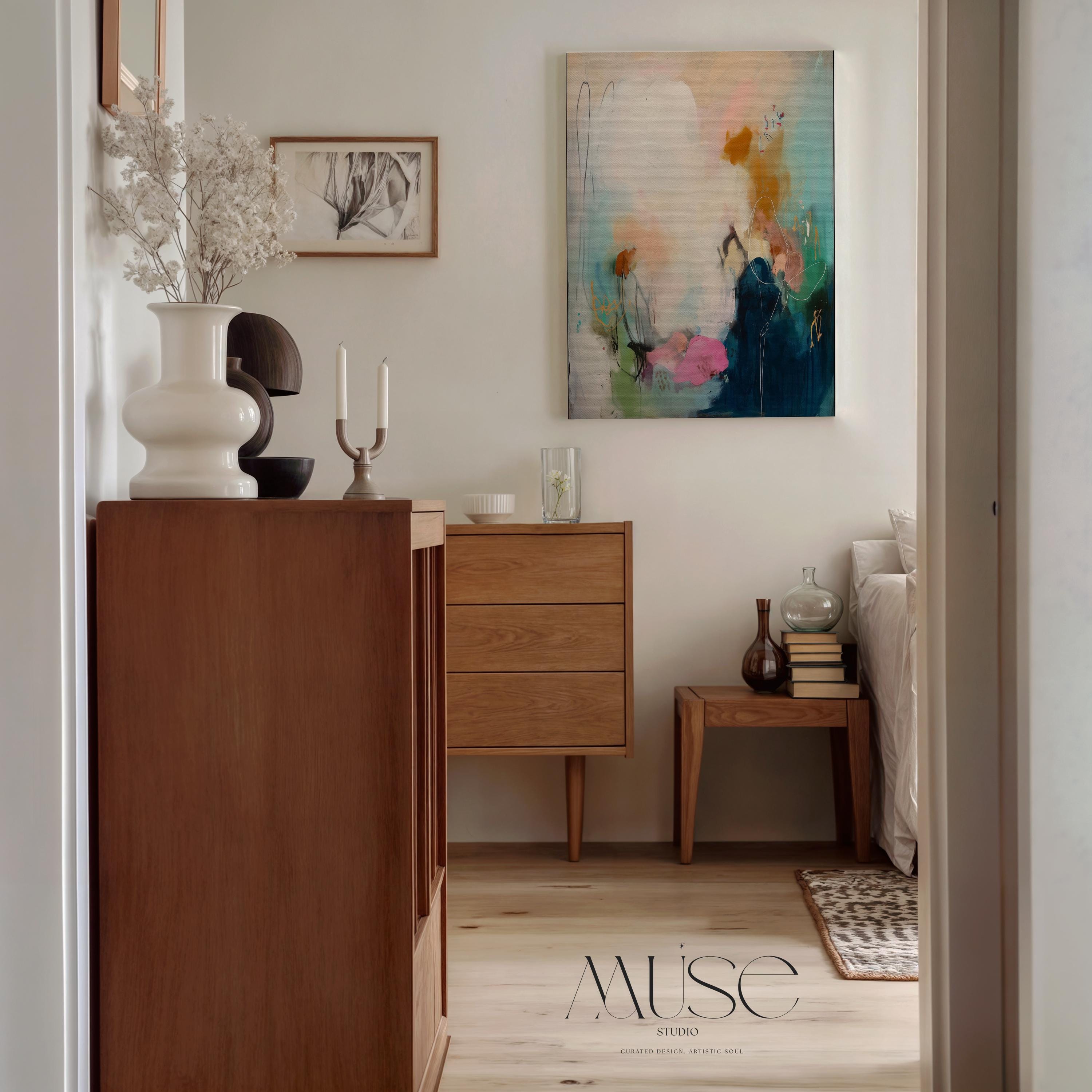 Teal pink navy abstract canvas wall art vertical oversized painting soft contemporary transitional decor for entryway or dining room MUSE 427 Stretched Canvas Art Large abstract wall decor on stretched canvas, gallery-wrapped and ready to hang. Perfect for colorful wall art in living rooms, office spaces, and design projects. Giclée canvas print with bold brushwork and vibrant modern style for impactful home decor. Muse Studio Decor Art.