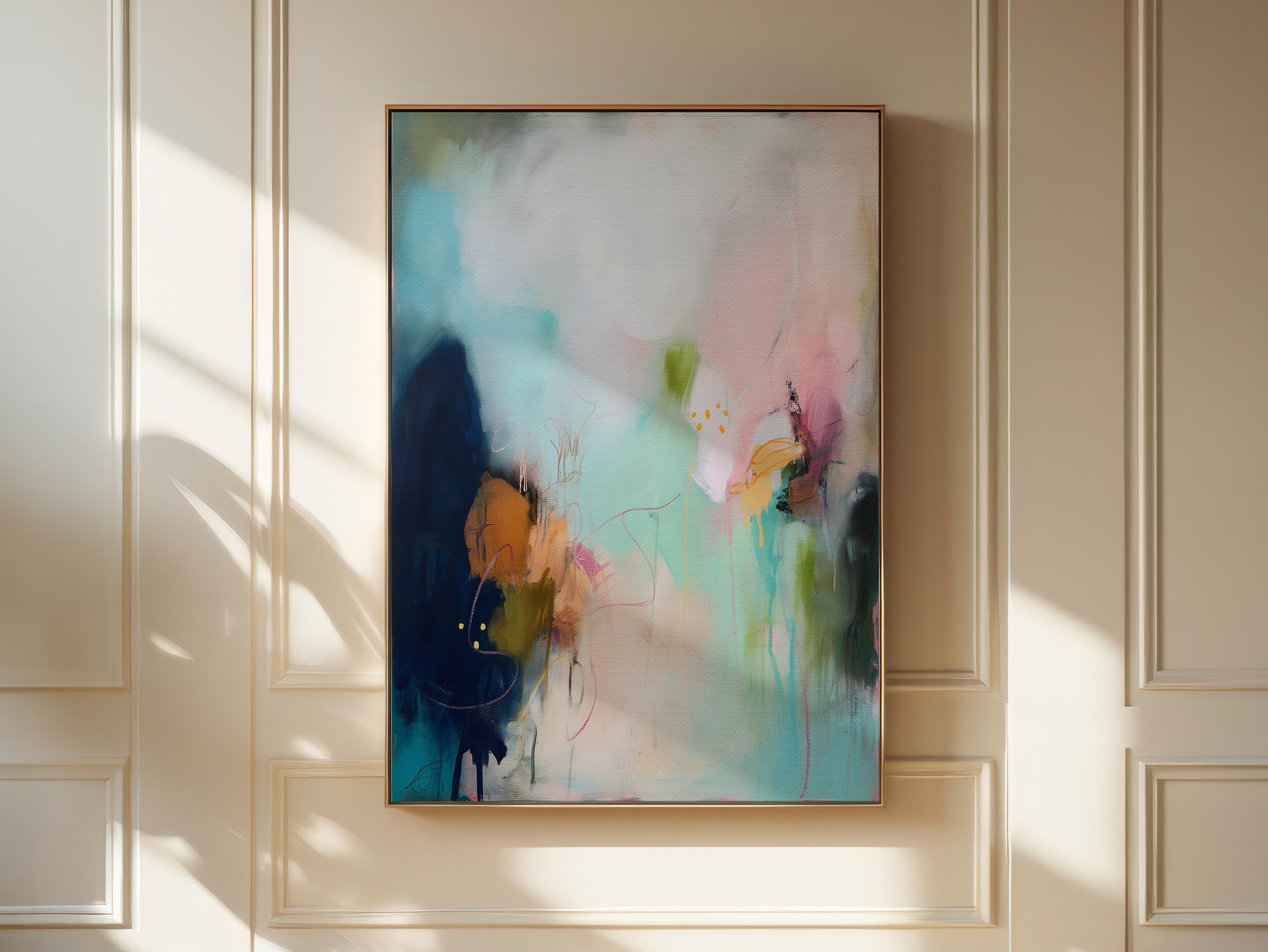Framed canvas wall art abstract painting in blush teal navy large giclee print soft contemporary transitional decor for dining room MUSE 428 Fine art print of abstract decor art printed on rolled canvas or cold-pressed watercolor paper using giclée technique. Designed for modern interiors, home styling, or office decor. Bold and colorful statement art brings vibrant energy to curated spaces. Ideal for custom framing and large-scale wall displays. Muse Studio Decor Art.
