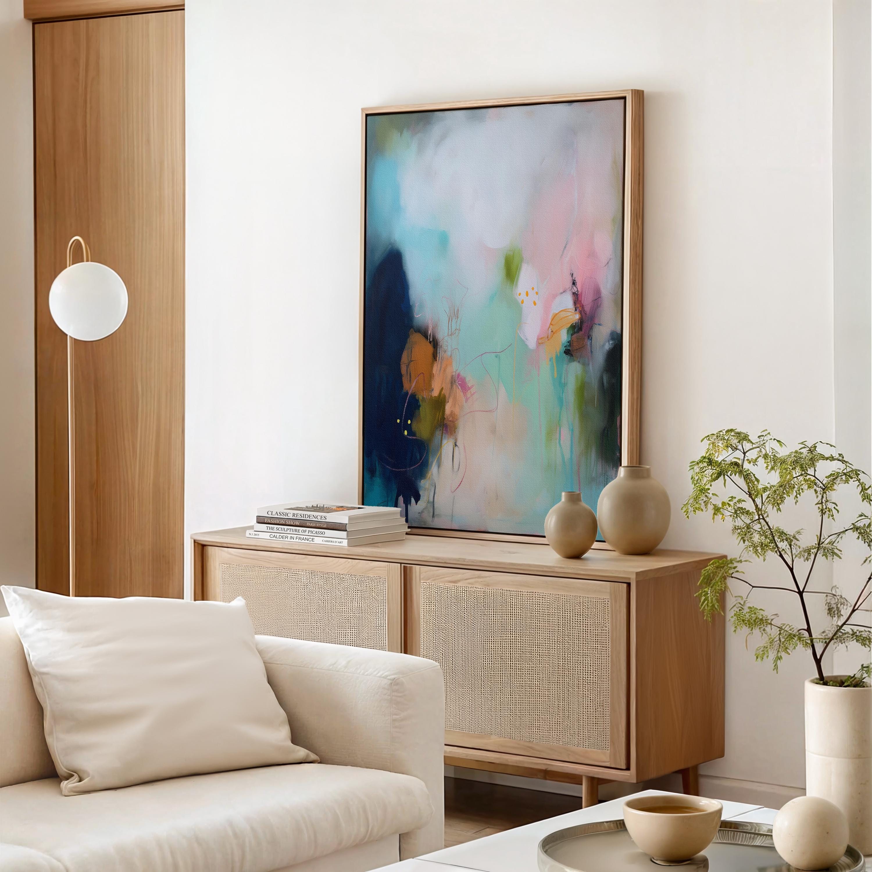 Framed canvas wall art abstract painting in blush teal navy large giclee print soft contemporary transitional decor for dining room MUSE 428 Fine art print of abstract decor art printed on rolled canvas or cold-pressed watercolor paper using giclée technique. Designed for modern interiors, home styling, or office decor. Bold and colorful statement art brings vibrant energy to curated spaces. Ideal for custom framing and large-scale wall displays. Muse Studio Decor Art.