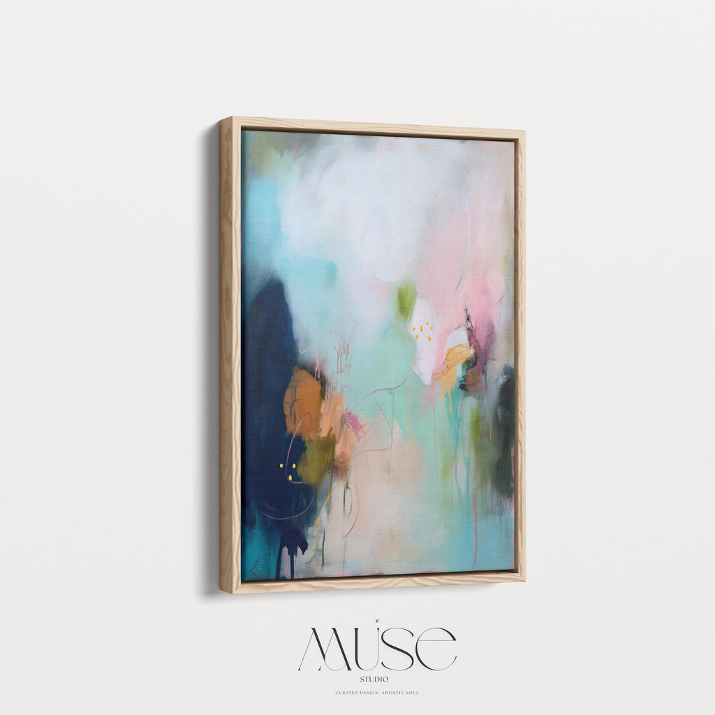 Framed canvas wall art abstract painting in blush teal navy large giclee print soft contemporary transitional decor for dining room MUSE 428 Fine art print of abstract decor art printed on rolled canvas or cold-pressed watercolor paper using giclée technique. Designed for modern interiors, home styling, or office decor. Bold and colorful statement art brings vibrant energy to curated spaces. Ideal for custom framing and large-scale wall displays. Muse Studio Decor Art.