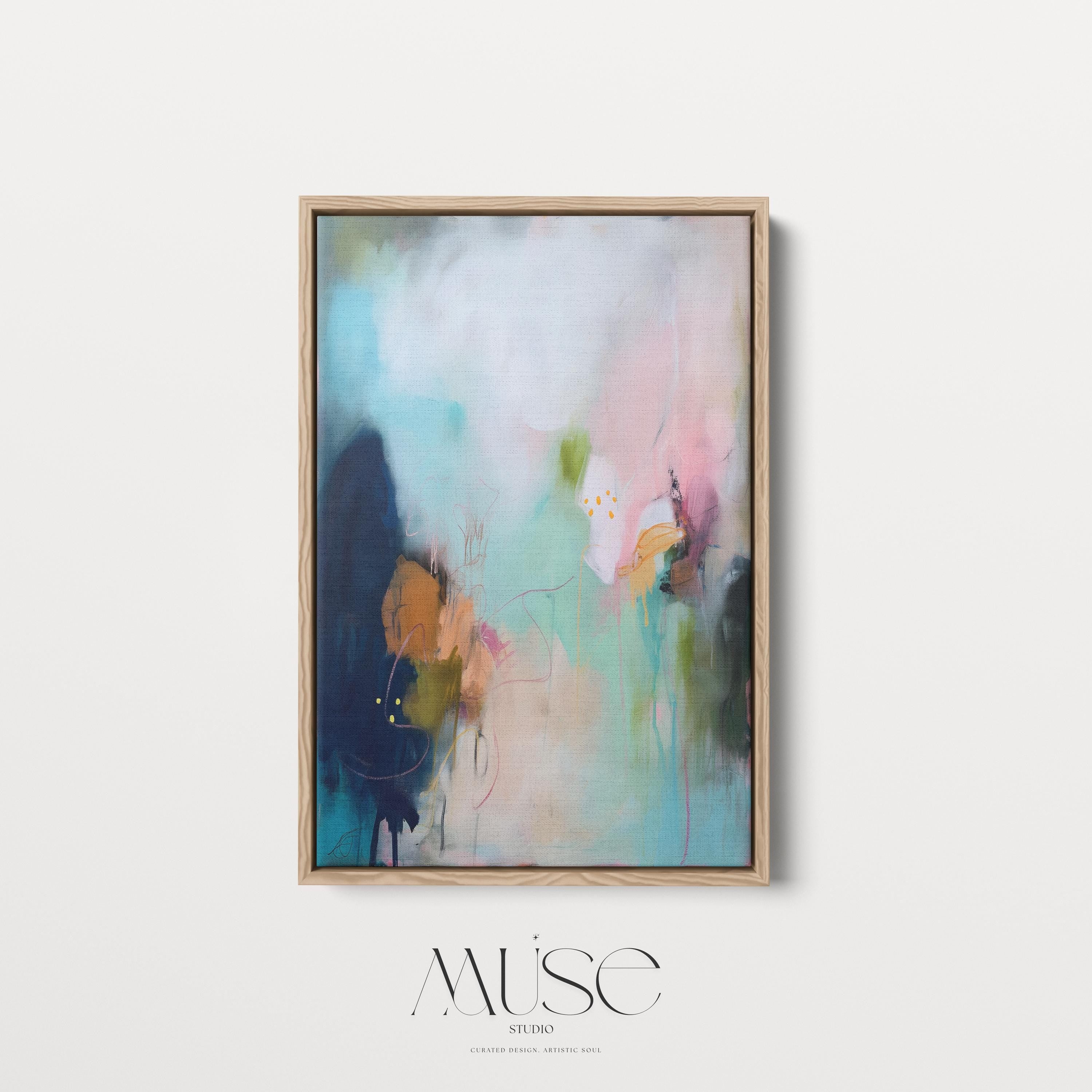 Framed canvas wall art abstract painting in blush teal navy large giclee print soft contemporary transitional decor for dining room MUSE 428 Fine art print of abstract decor art printed on rolled canvas or cold-pressed watercolor paper using giclée technique. Designed for modern interiors, home styling, or office decor. Bold and colorful statement art brings vibrant energy to curated spaces. Ideal for custom framing and large-scale wall displays. Muse Studio Decor Art.