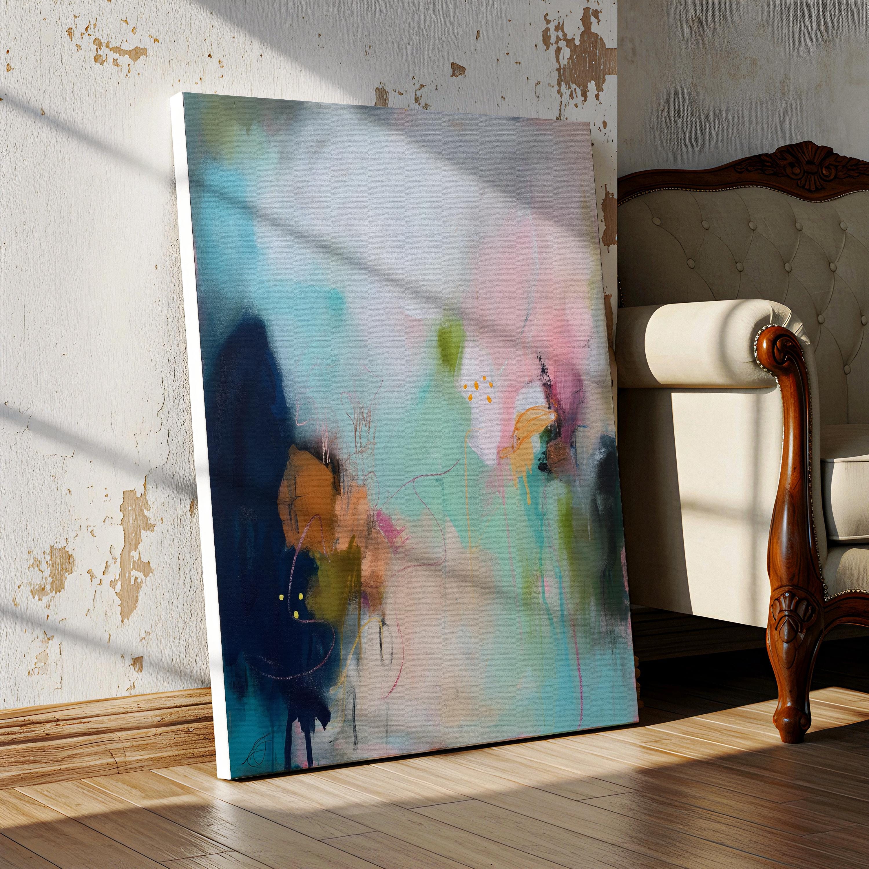 Teal blush navy abstract canvas wall art vertical oversized painting soft contemporary transitional decor for dining room hallway MUSE 428 Stretched Canvas Art Large abstract wall decor on stretched canvas, gallery-wrapped and ready to hang. Perfect for colorful wall art in living rooms, office spaces, and design projects. Giclée canvas print with bold brushwork and vibrant modern style for impactful home decor. Muse Studio Decor Art.