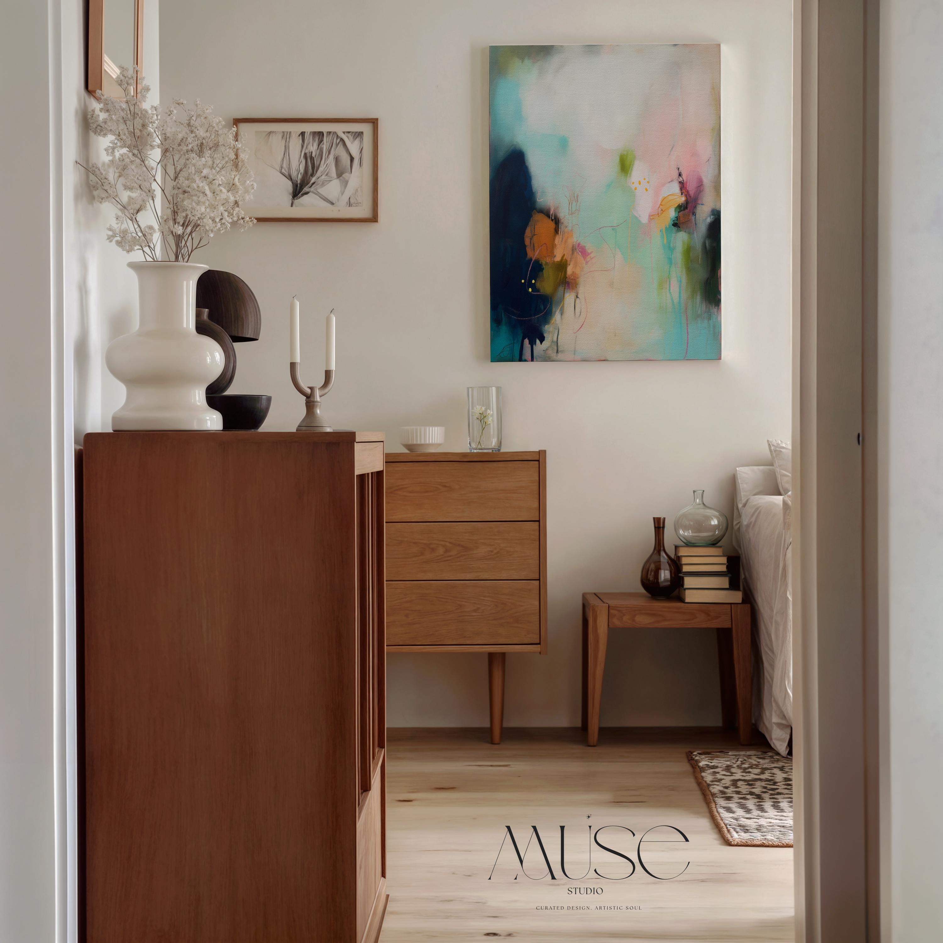 Teal blush navy abstract canvas wall art vertical oversized painting soft contemporary transitional decor for dining room hallway MUSE 428 Stretched Canvas Art Large abstract wall decor on stretched canvas, gallery-wrapped and ready to hang. Perfect for colorful wall art in living rooms, office spaces, and design projects. Giclée canvas print with bold brushwork and vibrant modern style for impactful home decor. Muse Studio Decor Art.