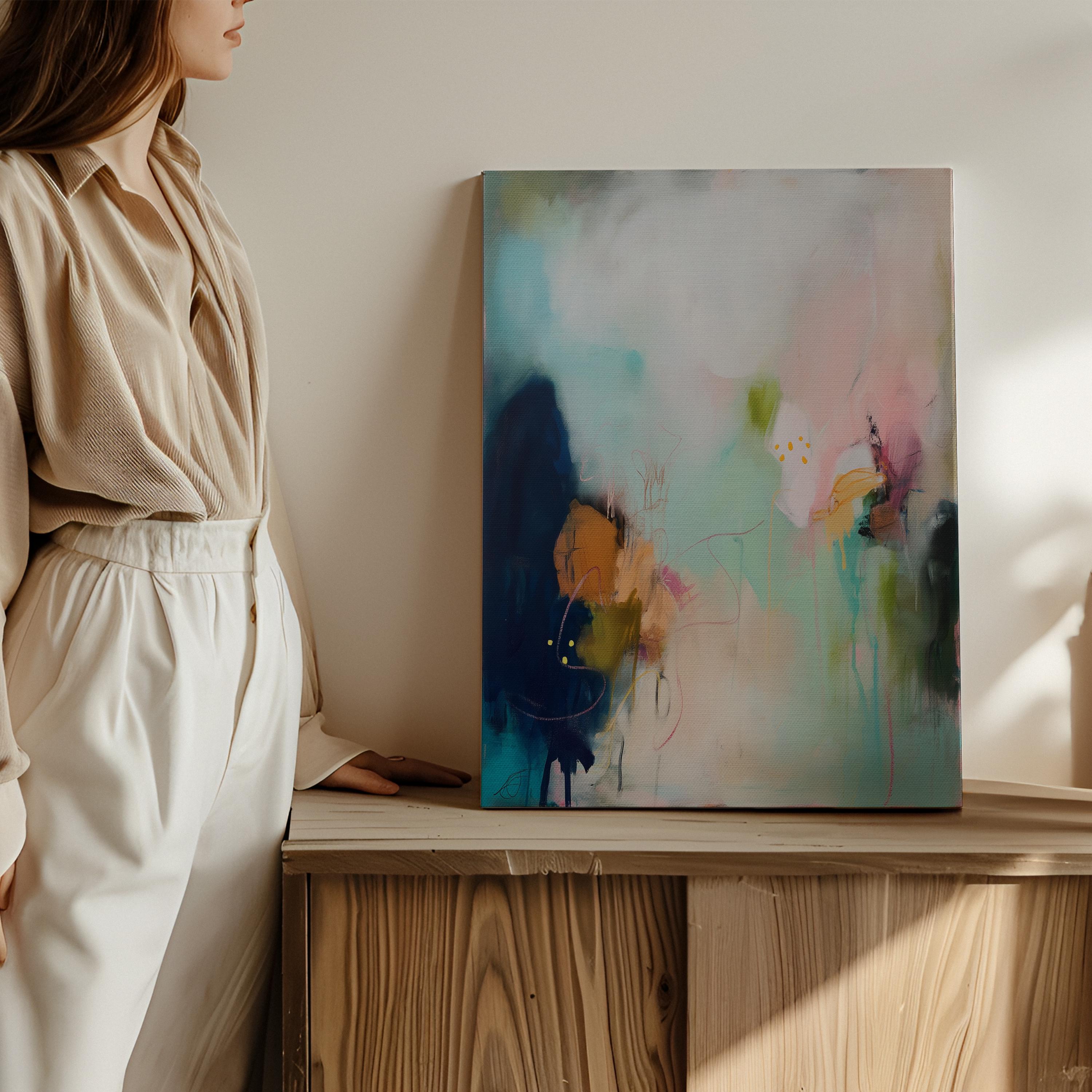 Teal blush navy abstract canvas wall art vertical oversized painting soft contemporary transitional decor for dining room hallway MUSE 428