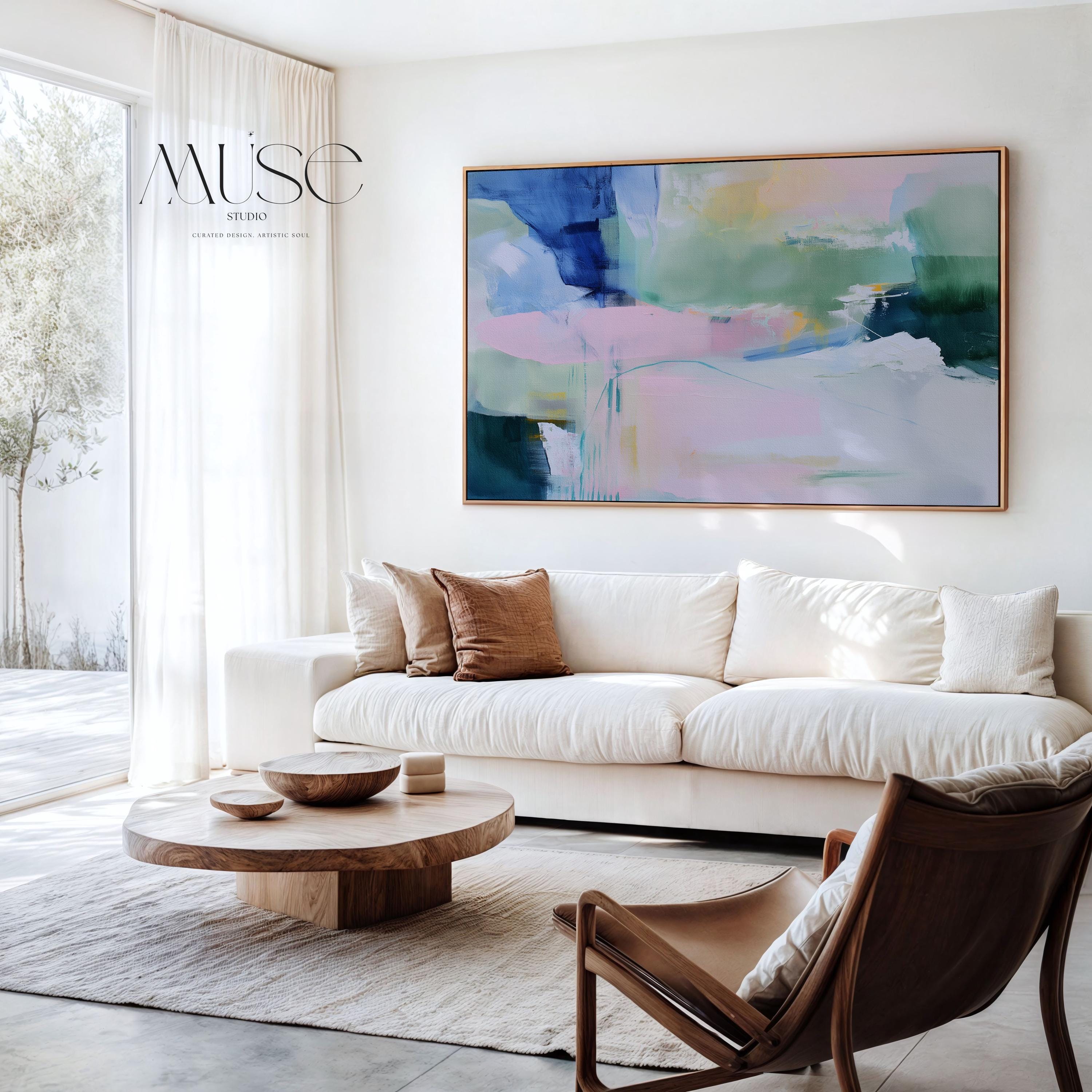 Colorful abstract wall art staged in modern neutral home decor. Large statement art print displayed in living room, bedroom, or office space. Vibrant canvas or giclée print adds bold style to contemporary interiors, perfect for home decor, office staging, and design projects