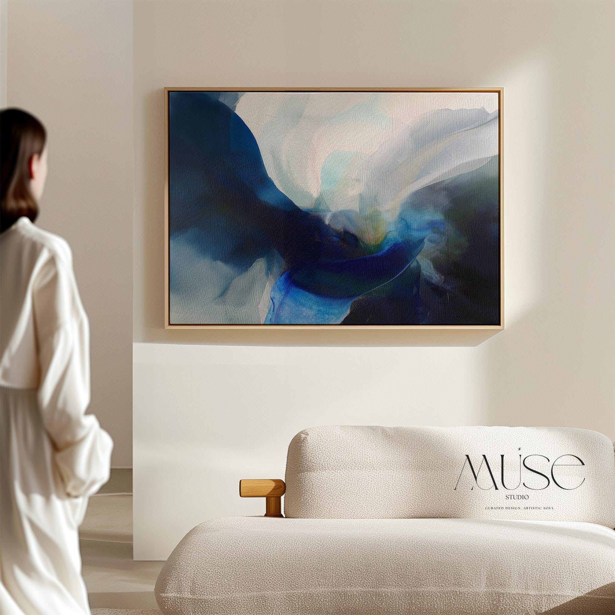 Framed Large Art Blue Abstract Square Wall Art Dark Navy Modern Canvas Painting Bold Color Decor Art for Living Room or Office | 371