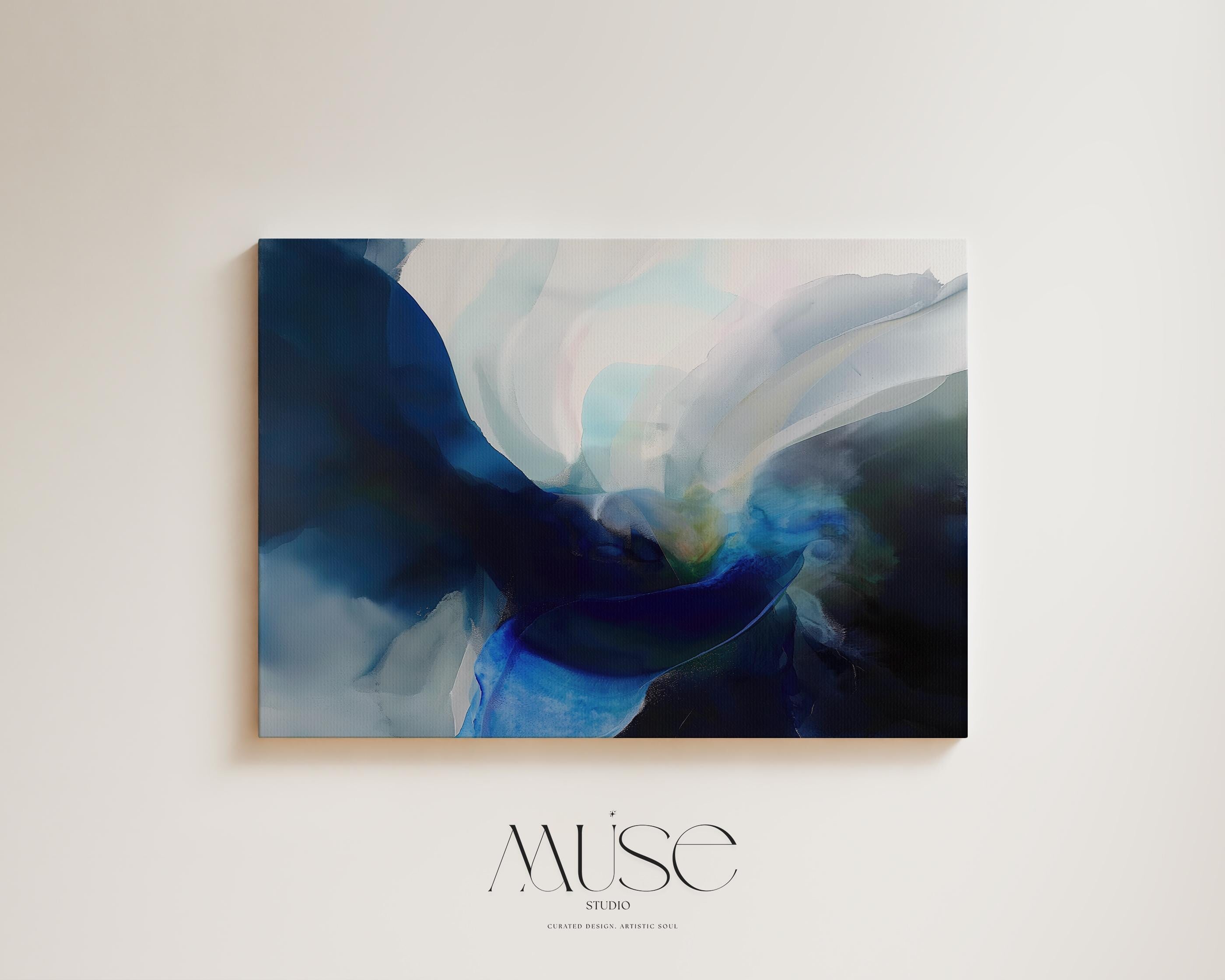 Framed Large Art Blue Abstract Square Wall Art Dark Navy Modern Canvas Painting Bold Color Decor Art for Living Room or Office | 371