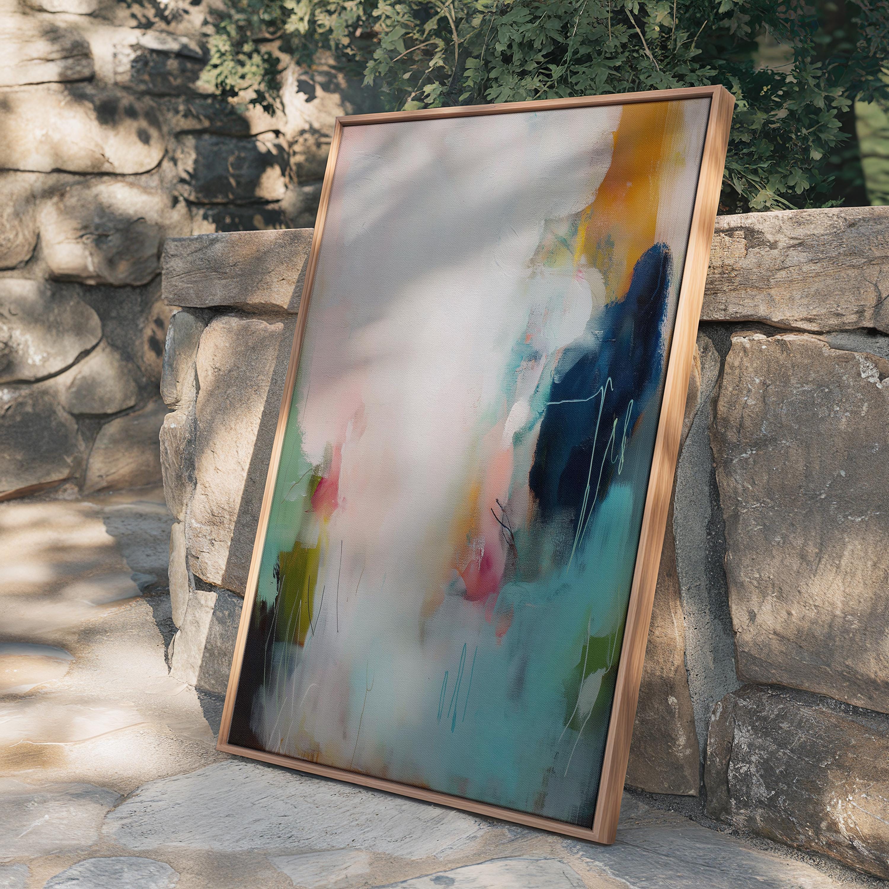 Framed canvas wall art abstract painting in teal blush navy large giclee print color pop soft contemporary decor for living room MUSE 429 Framed Canvas Art Colorful abstract wall art on framed canvas, perfect for bold decor art and modern wall decor. Large statement piece with expressive brushstrokes and rich textures. Ready-to-hang giclée canvas designed to energize living rooms, offices, bedrooms and curated interiors. Muse Studio Decor Art.