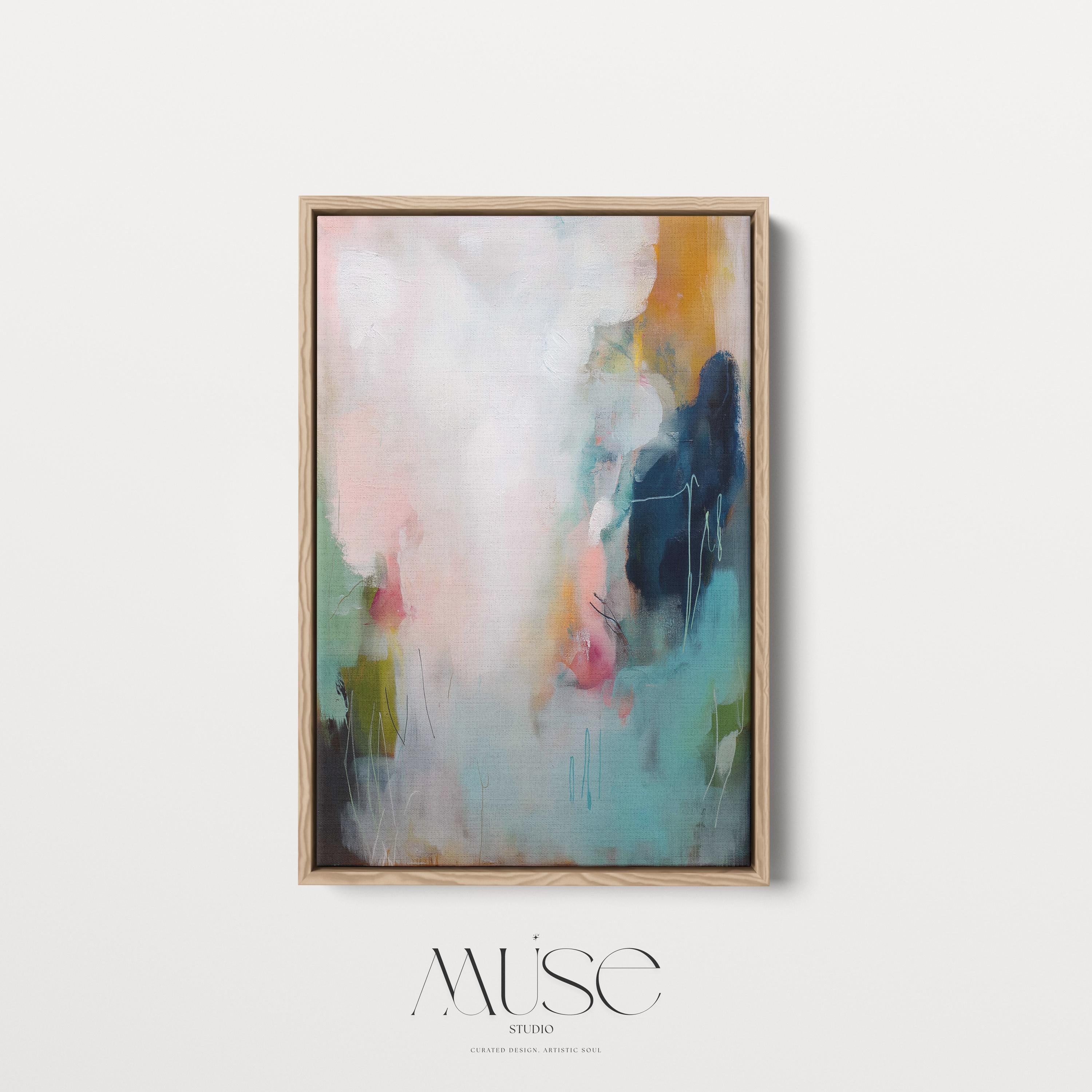 Framed canvas wall art abstract painting in teal blush navy large giclee print color pop soft contemporary decor for living room MUSE 429 Framed Canvas Art Colorful abstract wall art on framed canvas, perfect for bold decor art and modern wall decor. Large statement piece with expressive brushstrokes and rich textures. Ready-to-hang giclée canvas designed to energize living rooms, offices, bedrooms and curated interiors. Muse Studio Decor Art.