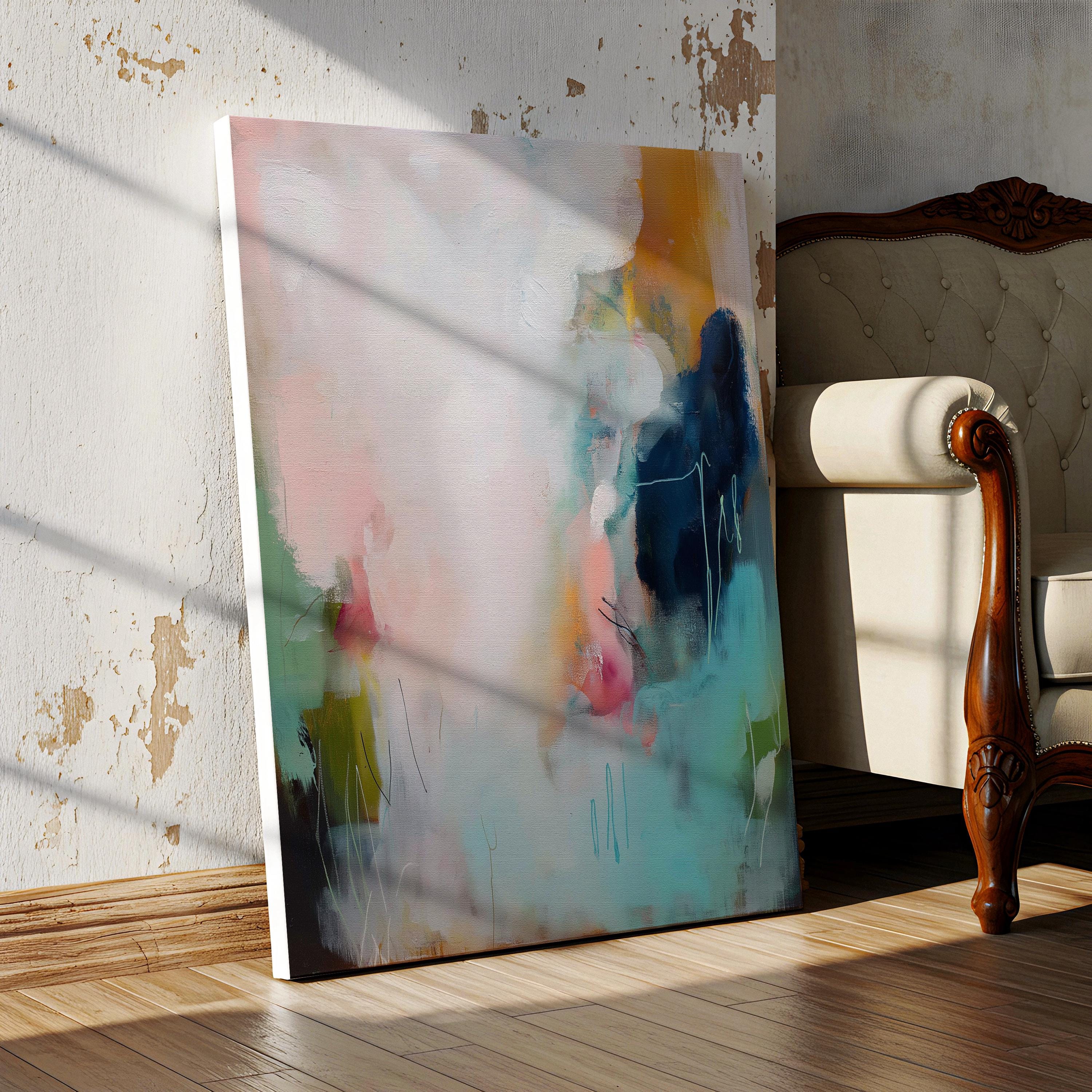 Teal pink navy abstract canvas wall art vertical oversized painting color pop soft contemporary decor for living room or hallway MUSE 429 Stretched Canvas Art Large abstract wall decor on stretched canvas, gallery-wrapped and ready to hang. Perfect for colorful wall art in living rooms, office spaces, and design projects. Giclée canvas print with bold brushwork and vibrant modern style for impactful home decor. Muse Studio Decor Art.