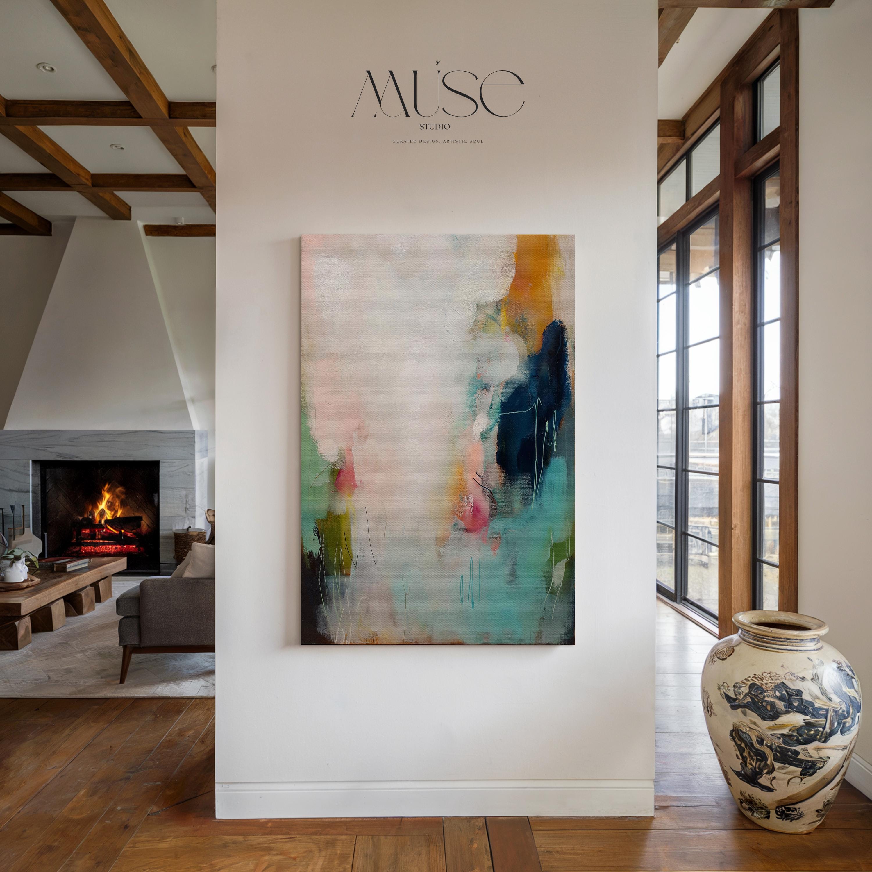 Teal pink navy abstract canvas wall art vertical oversized painting color pop soft contemporary decor for living room or hallway MUSE 429