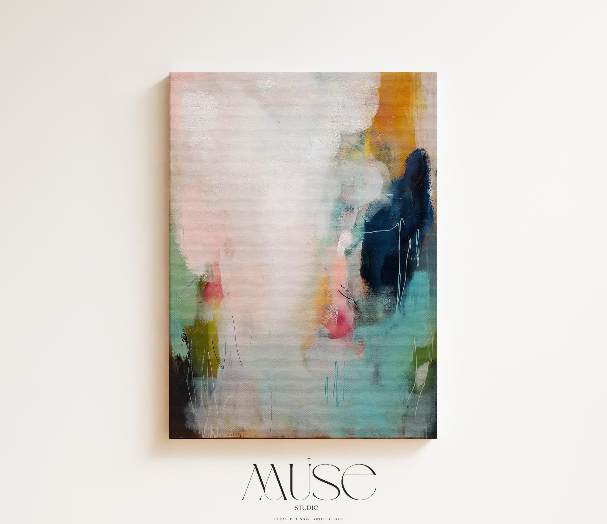 Teal pink navy abstract canvas wall art vertical oversized painting color pop soft contemporary decor for living room or hallway MUSE 429 Stretched Canvas Art Large abstract wall decor on stretched canvas, gallery-wrapped and ready to hang. Perfect for colorful wall art in living rooms, office spaces, and design projects. Giclée canvas print with bold brushwork and vibrant modern style for impactful home decor. Muse Studio Decor Art.
