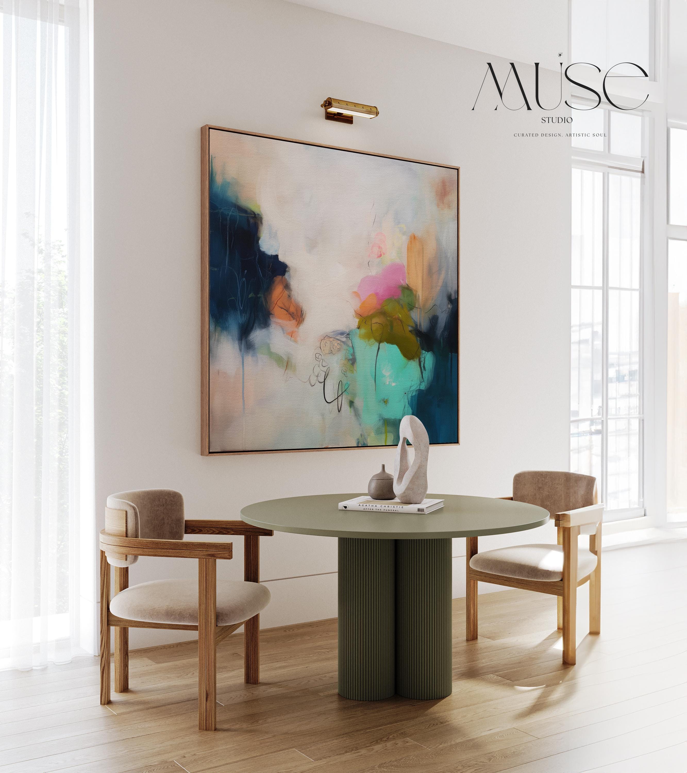 Framed canvas wall art abstract painting in teal navy blush large giclee print color pop soft contemporary decor for dining room MUSE 451 Room Staging Colorful abstract wall decor styled in a modern neutral home. Large statement wall art displayed in living room, bedroom, or office spaces. Vibrant canvas or giclée decor art adds bold visual impact to contemporary interiors, ideal for home staging, office design, and curated spaces. Muse Studio Decor Art.