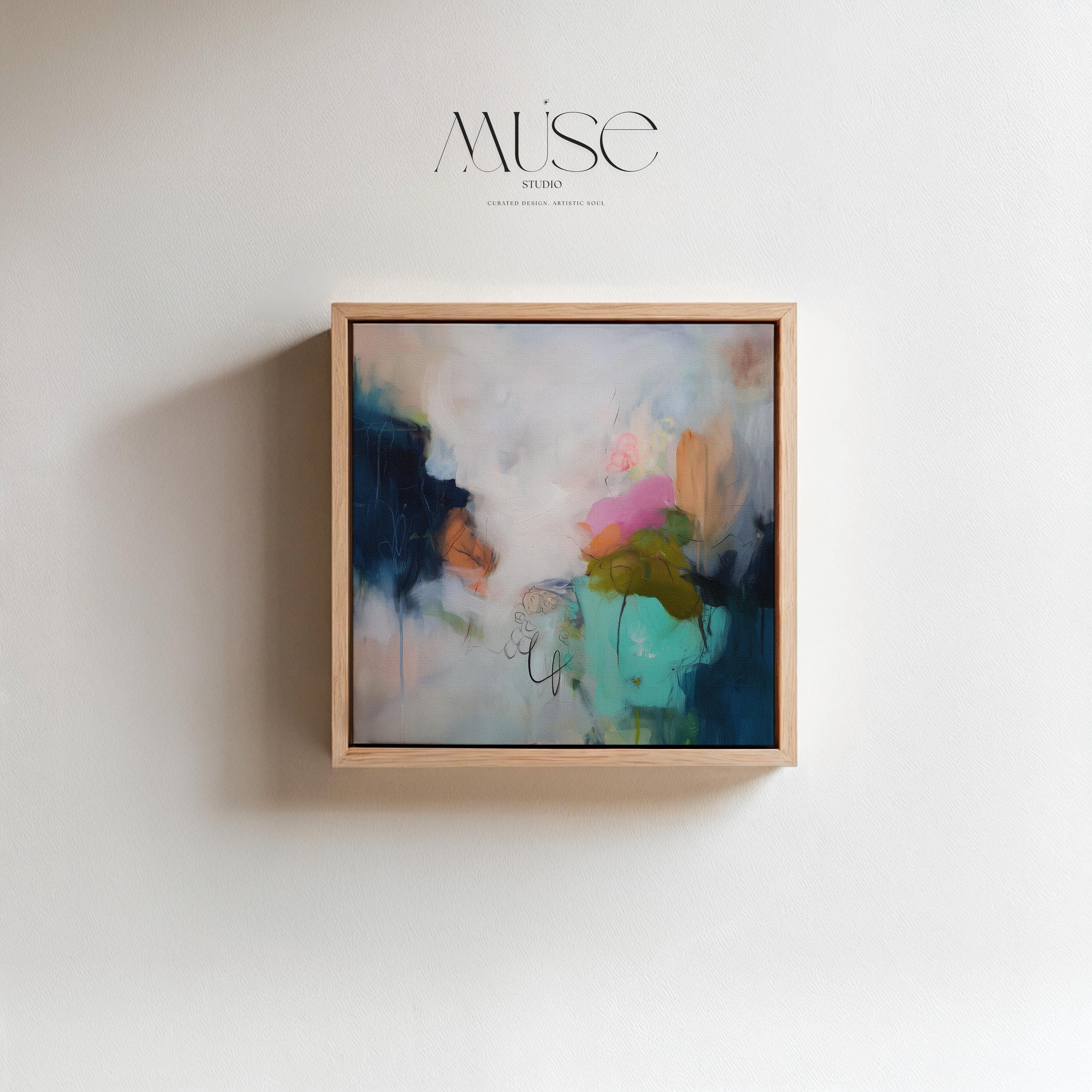 Framed canvas wall art abstract painting in teal navy blush large giclee print color pop soft contemporary decor for dining room MUSE 451 Framed Canvas Art Colorful abstract wall art on framed canvas, perfect for bold decor art and modern wall decor. Large statement piece with expressive brushstrokes and rich textures. Ready-to-hang giclée canvas designed to energize living rooms, offices, bedrooms and curated interiors. Muse Studio Decor Art.