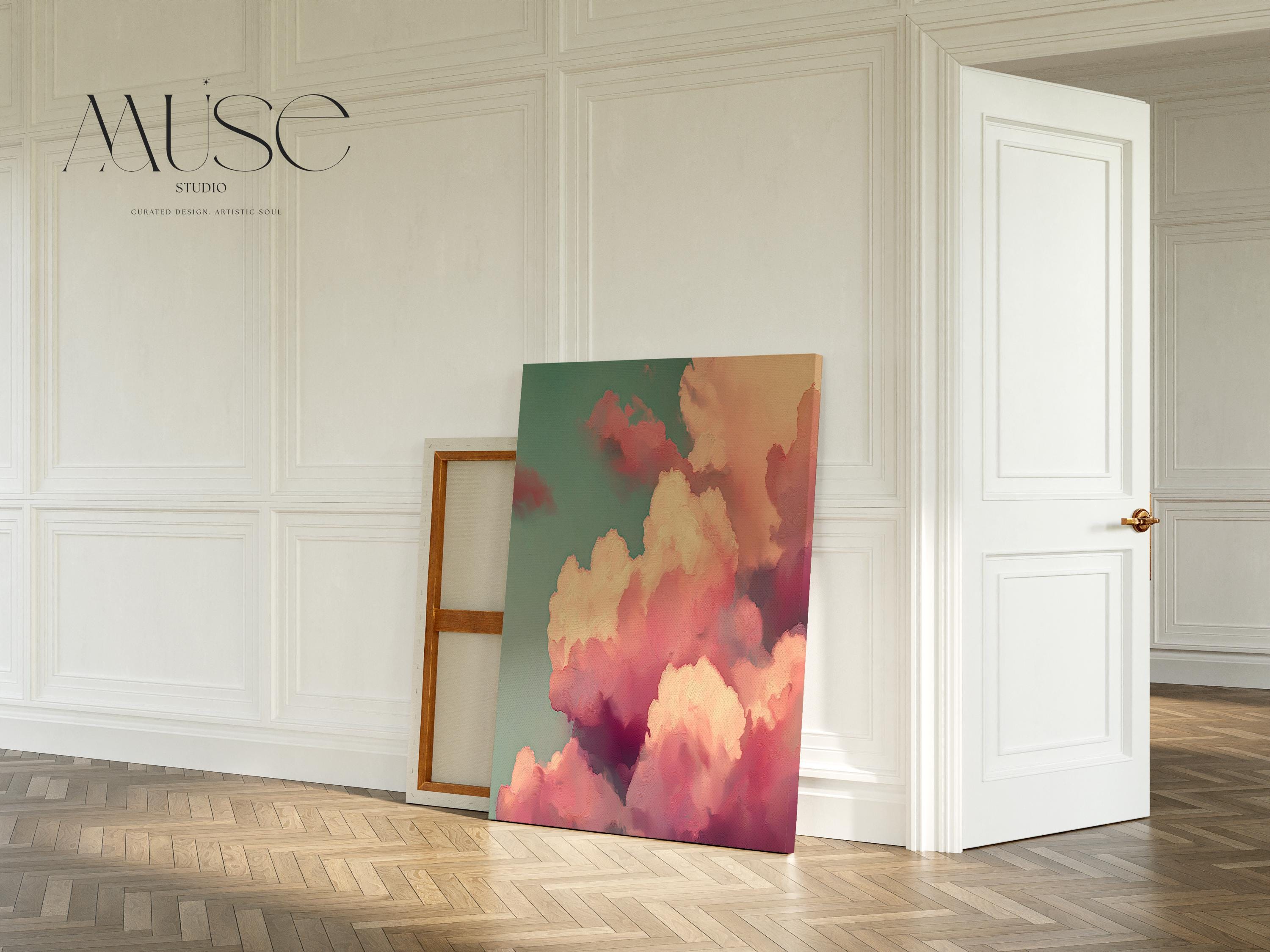 Teal Pink Cloud Dawn Canvas Wall Art, Oversized Abstract Painting on Stretched Canvas, Dreamy Bedroom Decor, Color Pop Wall Art • MUSE 500