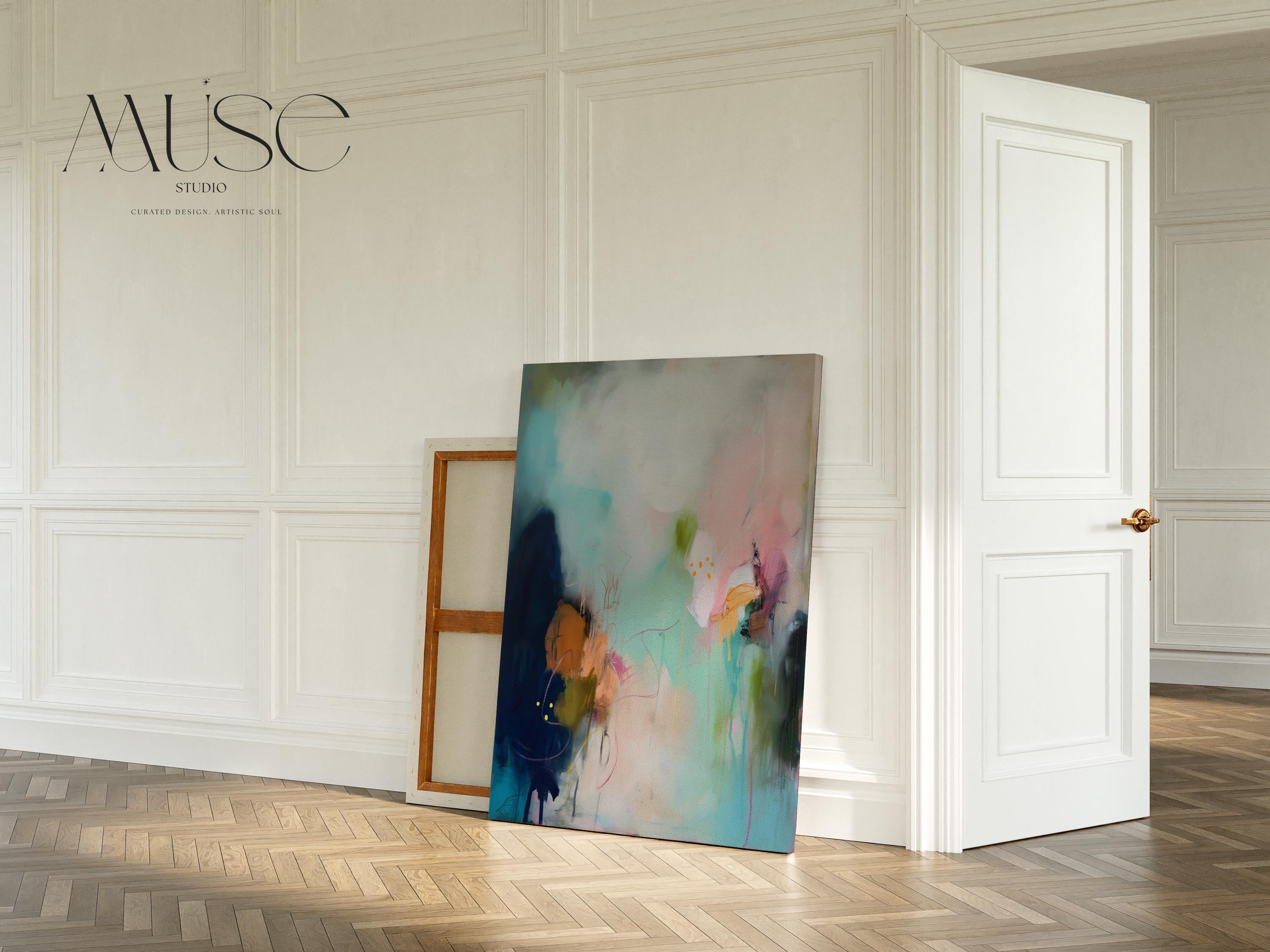 Vertical teal, blush, and navy abstract canvas wall art in a soft contemporary style, ideal for dining rooms, hallways, or transitional interiors. Available as oversized gallery-wrapped or floating framed artwork by Muse Studio.