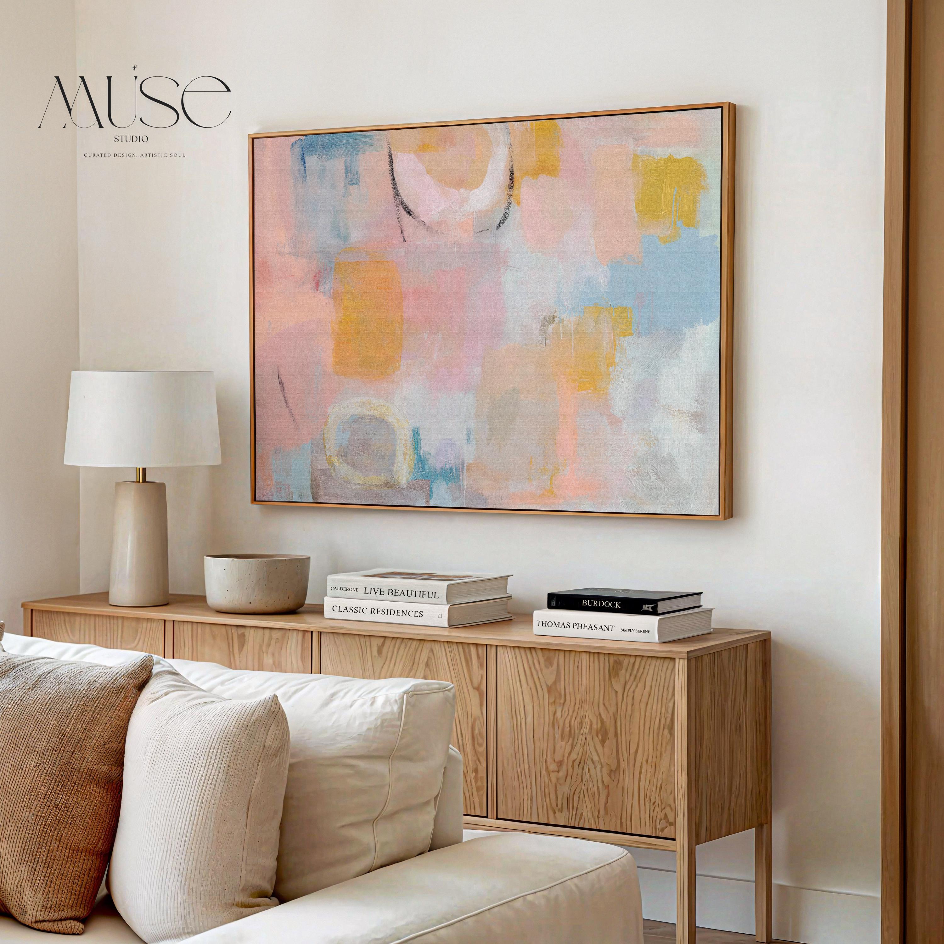 Pastel abstract canvas wall art in blush peach blue large horizontal painting warm minimalism pastel botanicals decor for bedroom MUSE 502